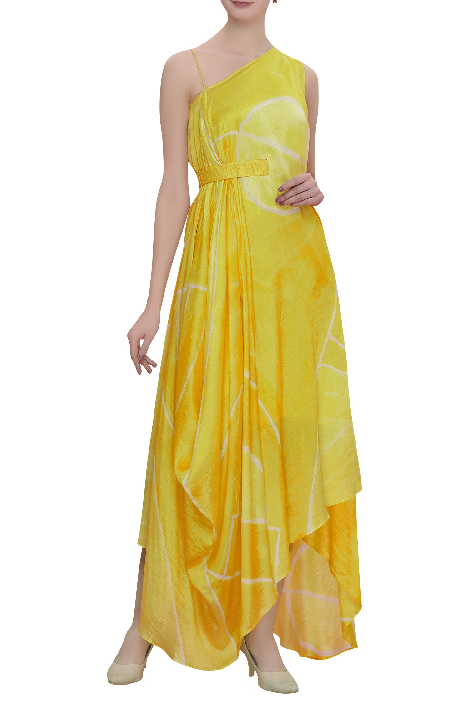 Vedika M Yellow One Shoulder Cowl Draped Dress