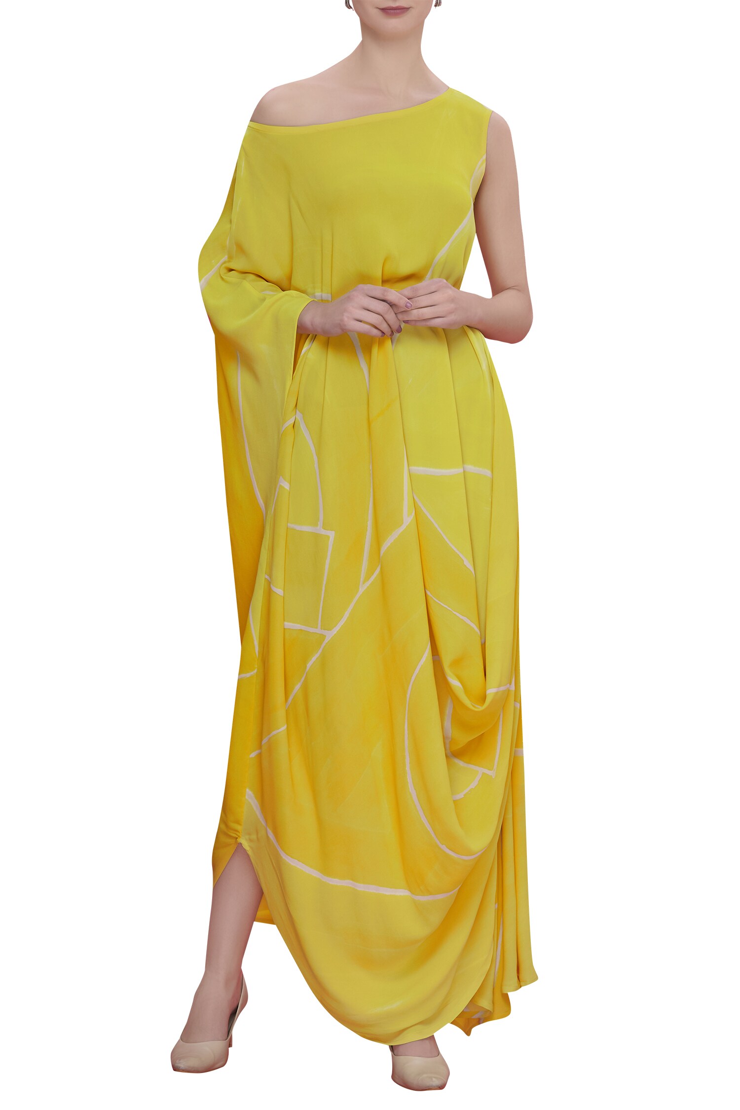 Buy Vedika M Yellow Cowl Drape Dress With Belt Online | Aza Fashions
