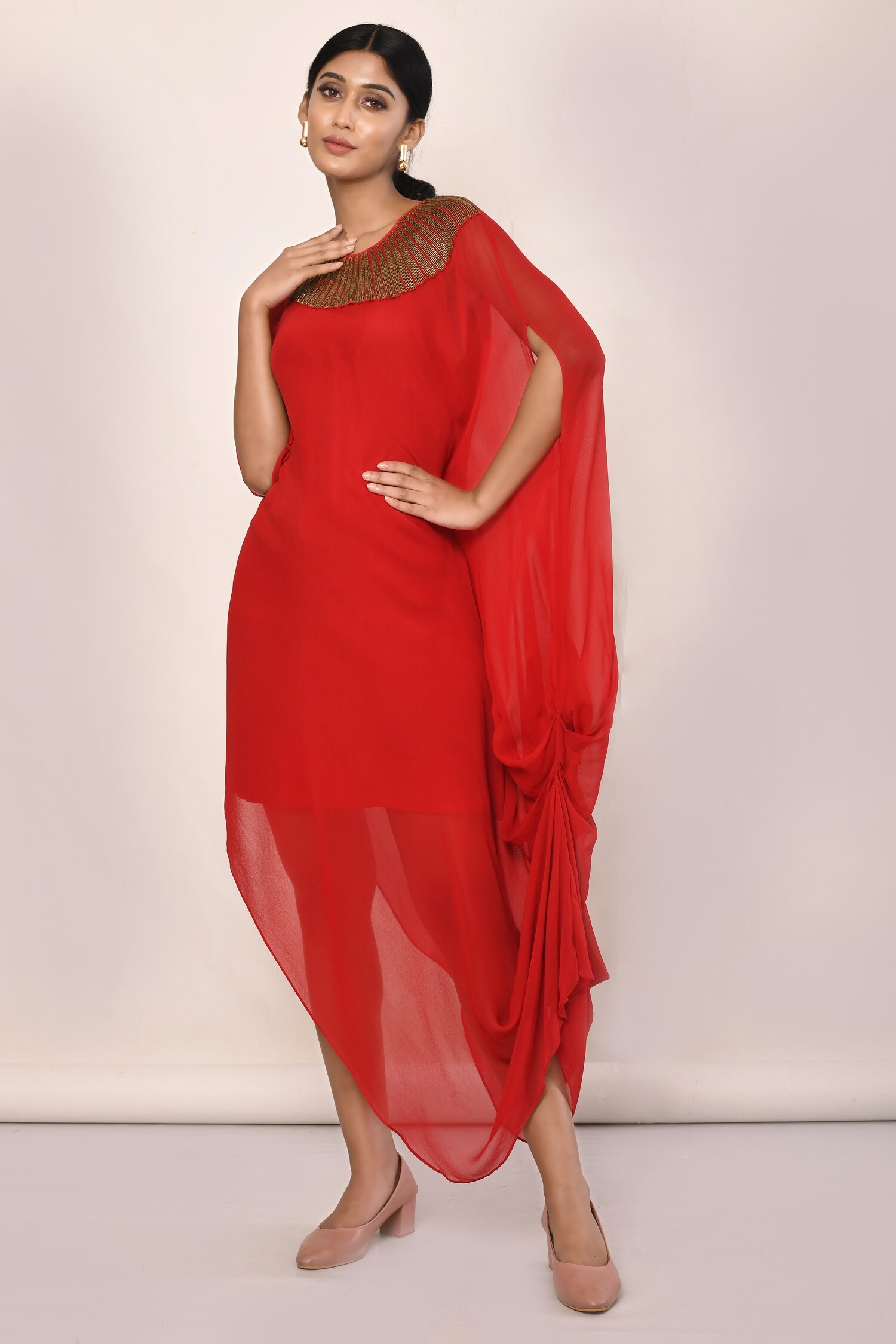 Buy Naintara Bajaj Red Georgette Draped Split Sleeve Dress Online | Aza ...
