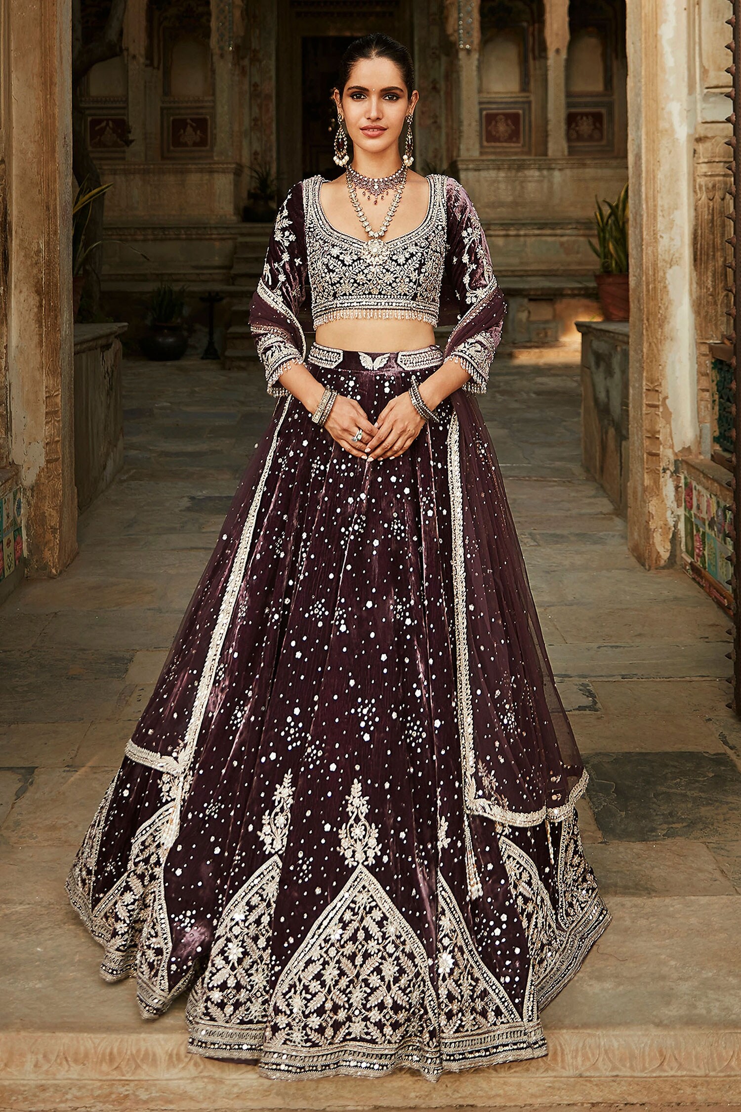 Buy Matsya Wine Velvet The Temple Night Sky Lehenga Set Online | Aza ...