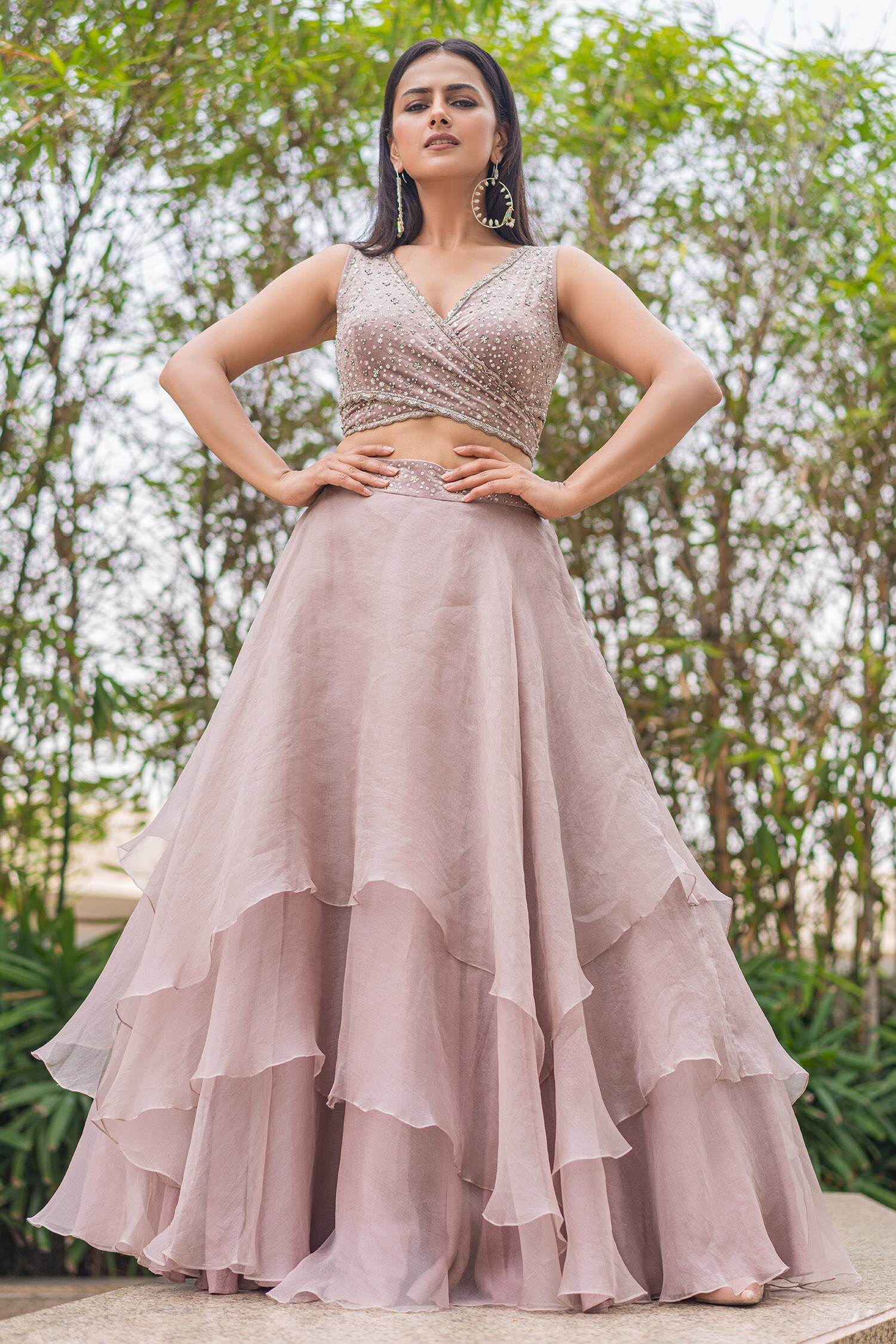 Mishru Purple Organza Layered Lehenga Set