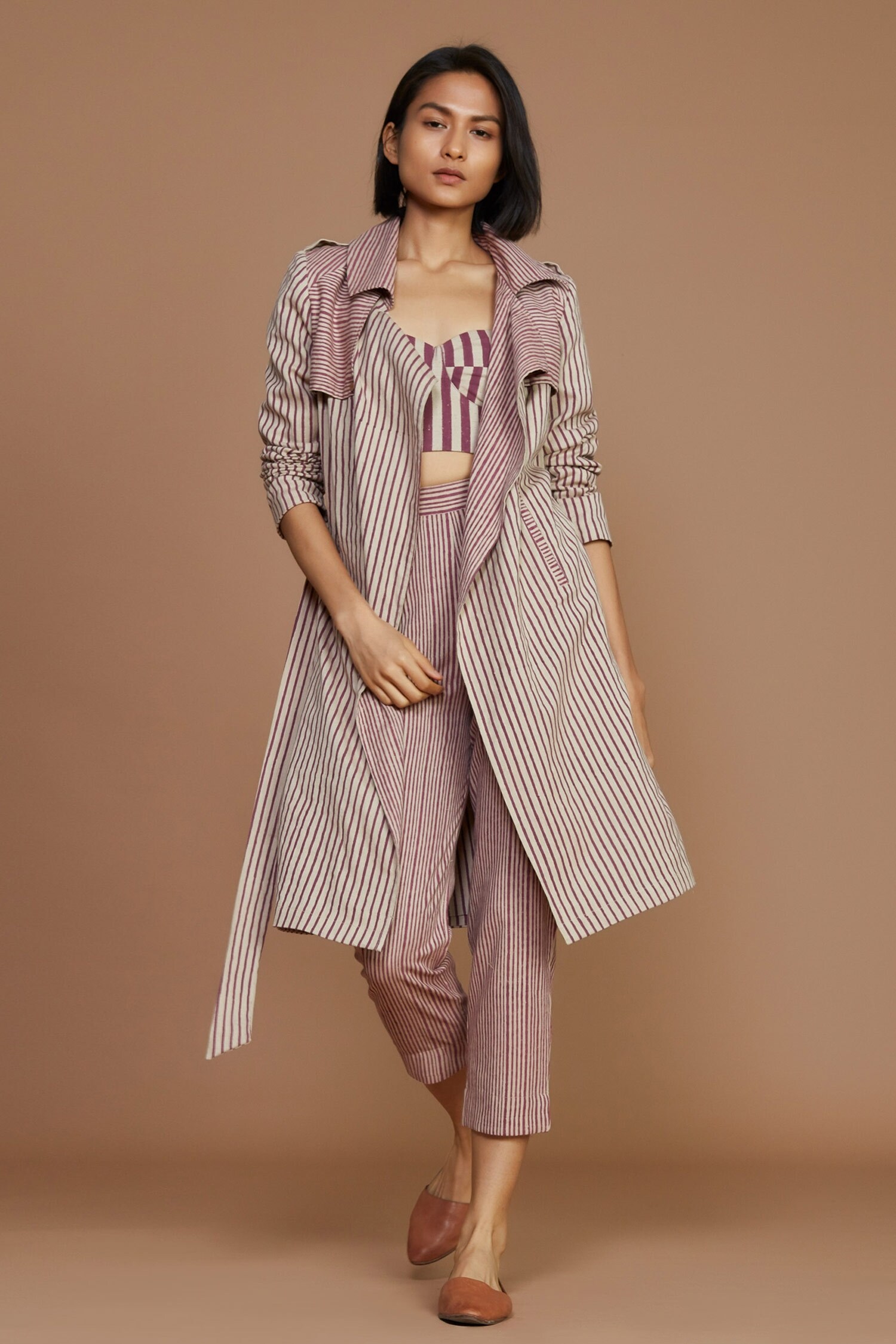 Mati Pink Handwoven Cotton Striped Trench Coat