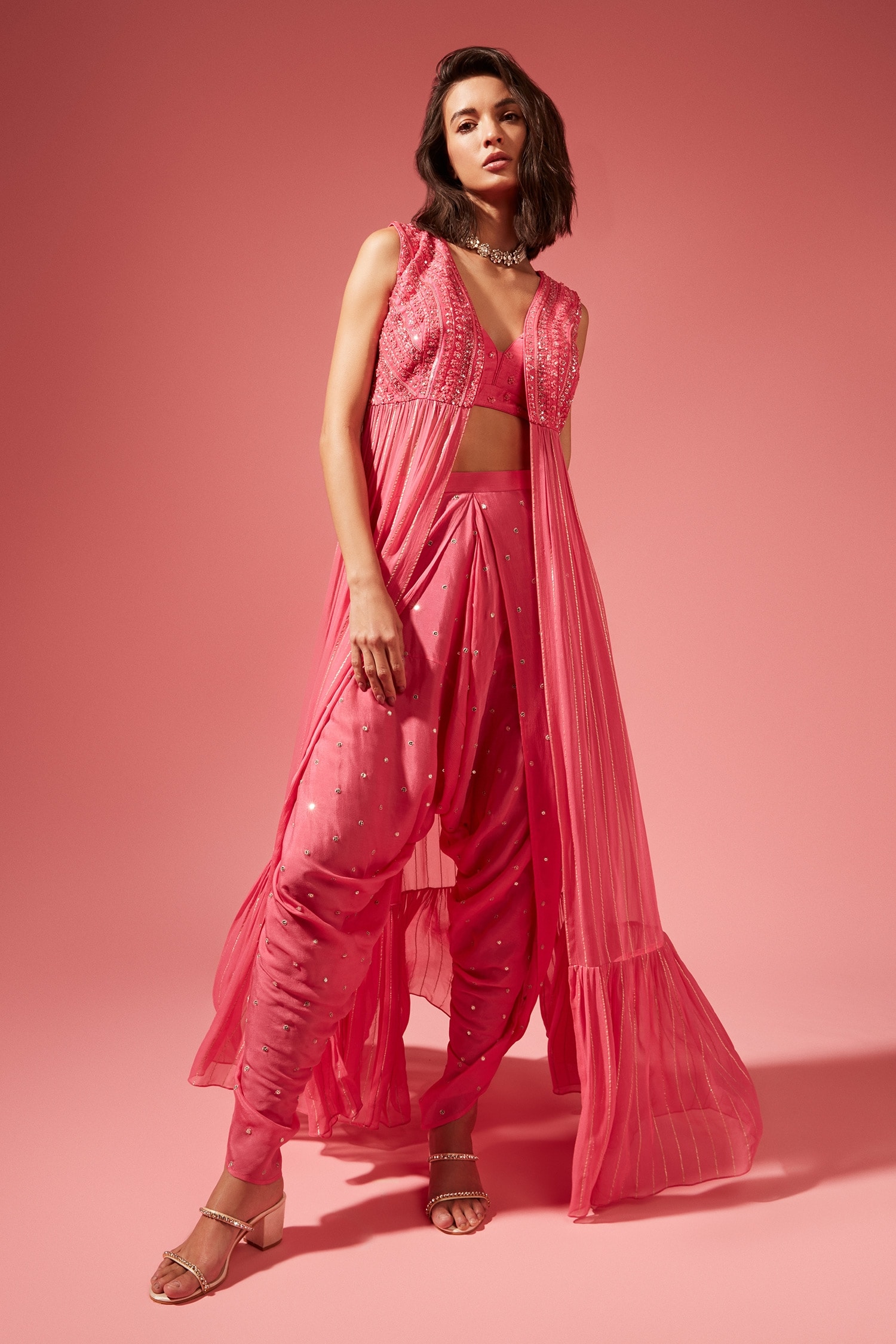 Chamee and Palak Pink Embroidered Jacket And Dhoti Pant Set