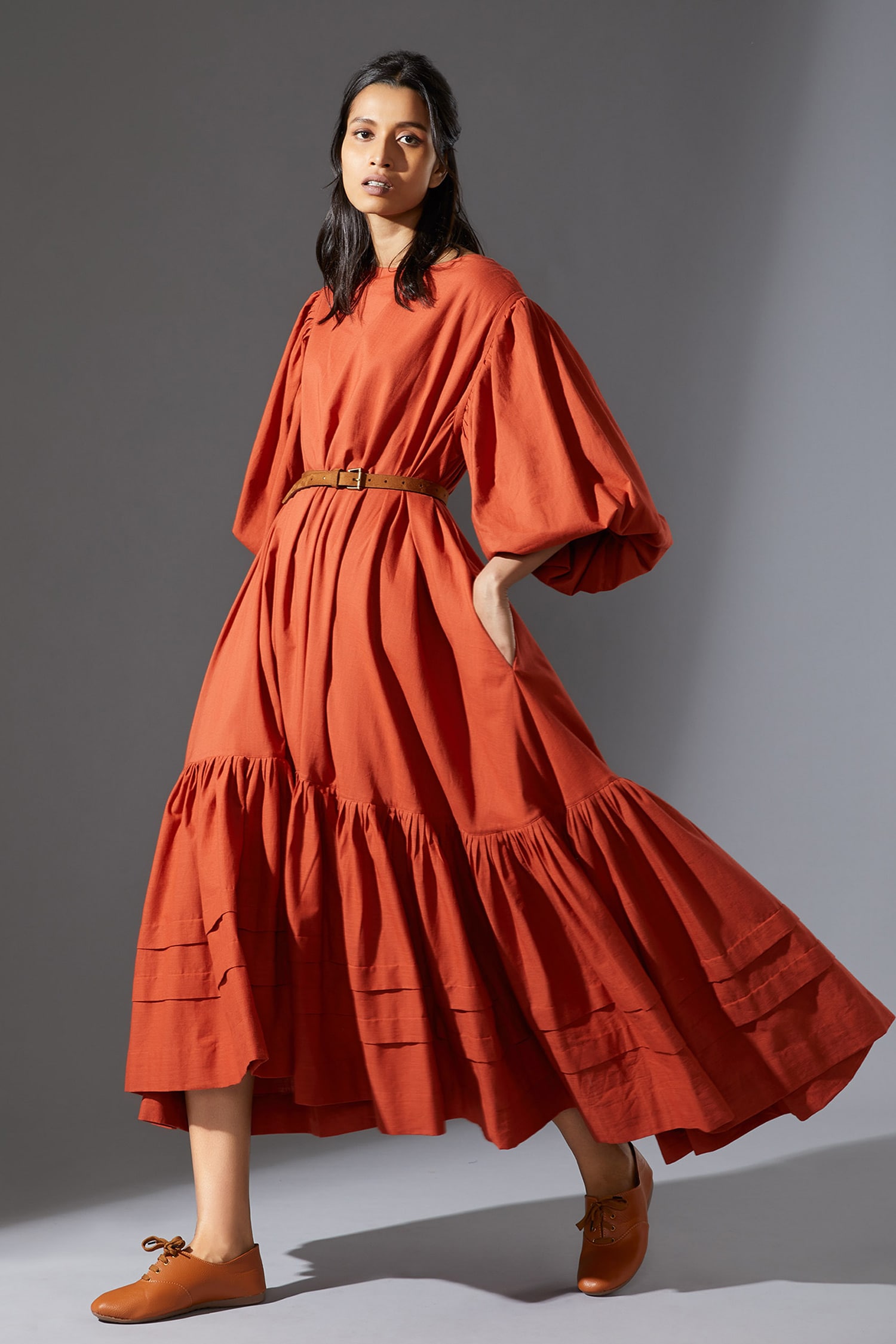 Buy Mati Orange Cotton Slub Handwoven Kaavya Aakaar Trapeze Dress ...