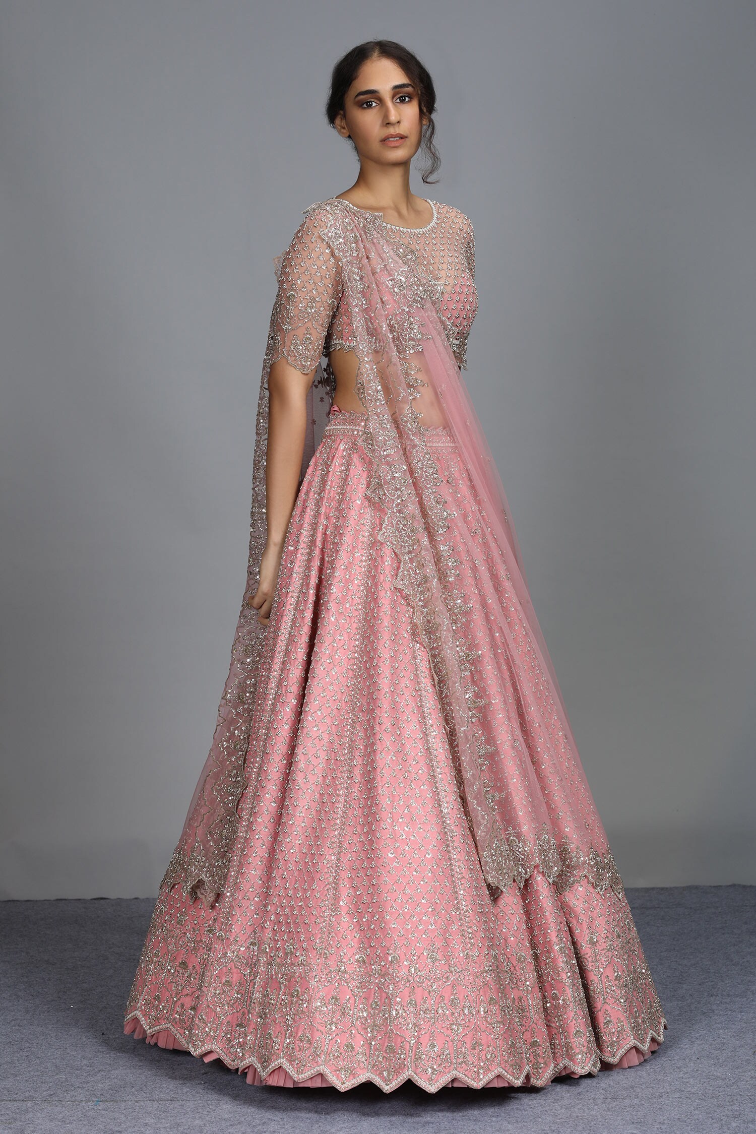 Anushree Reddy Pink Net Embroidered Lehenga Set