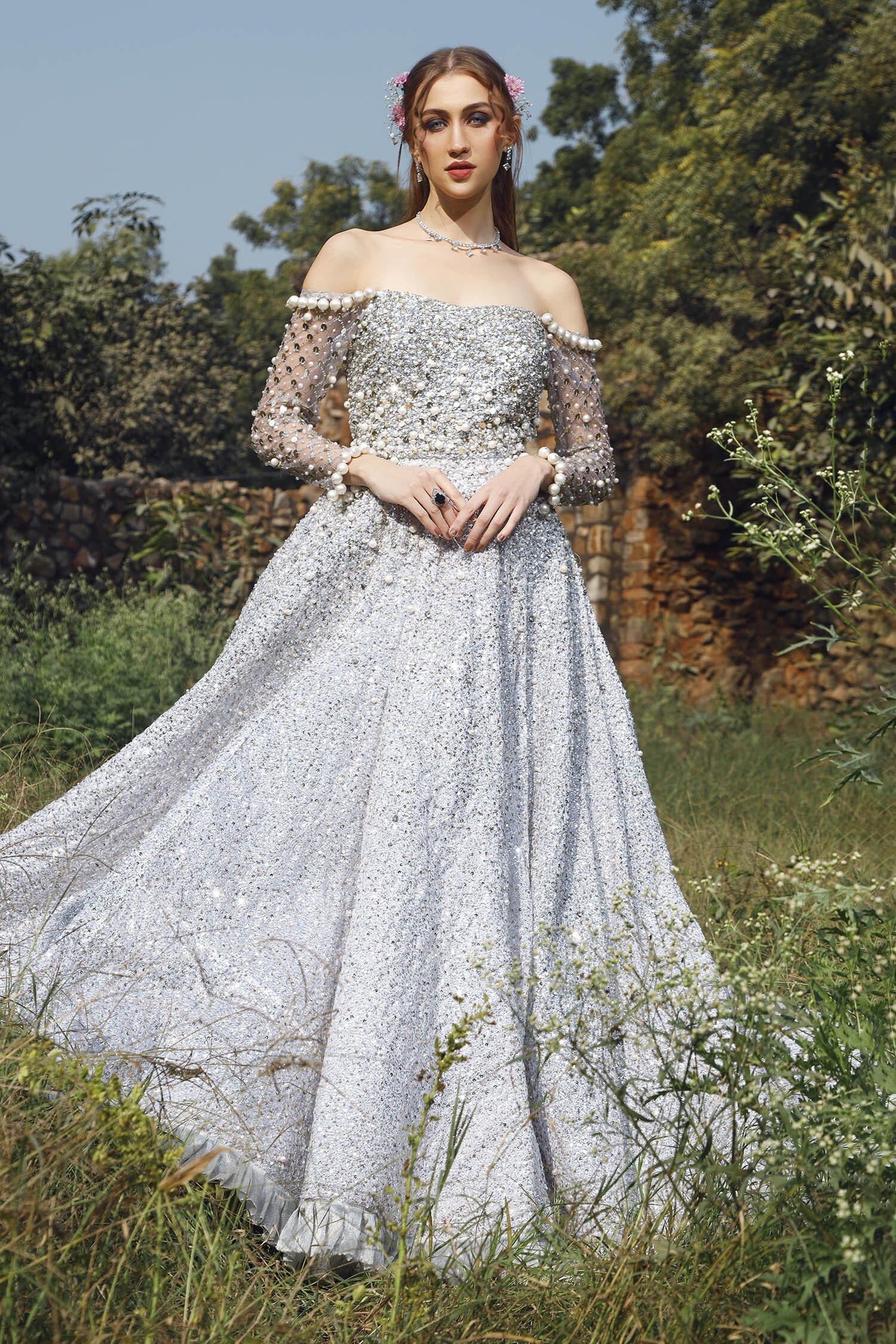 Nitya Bajaj Silver Georgette Sequin Embroidered Gown