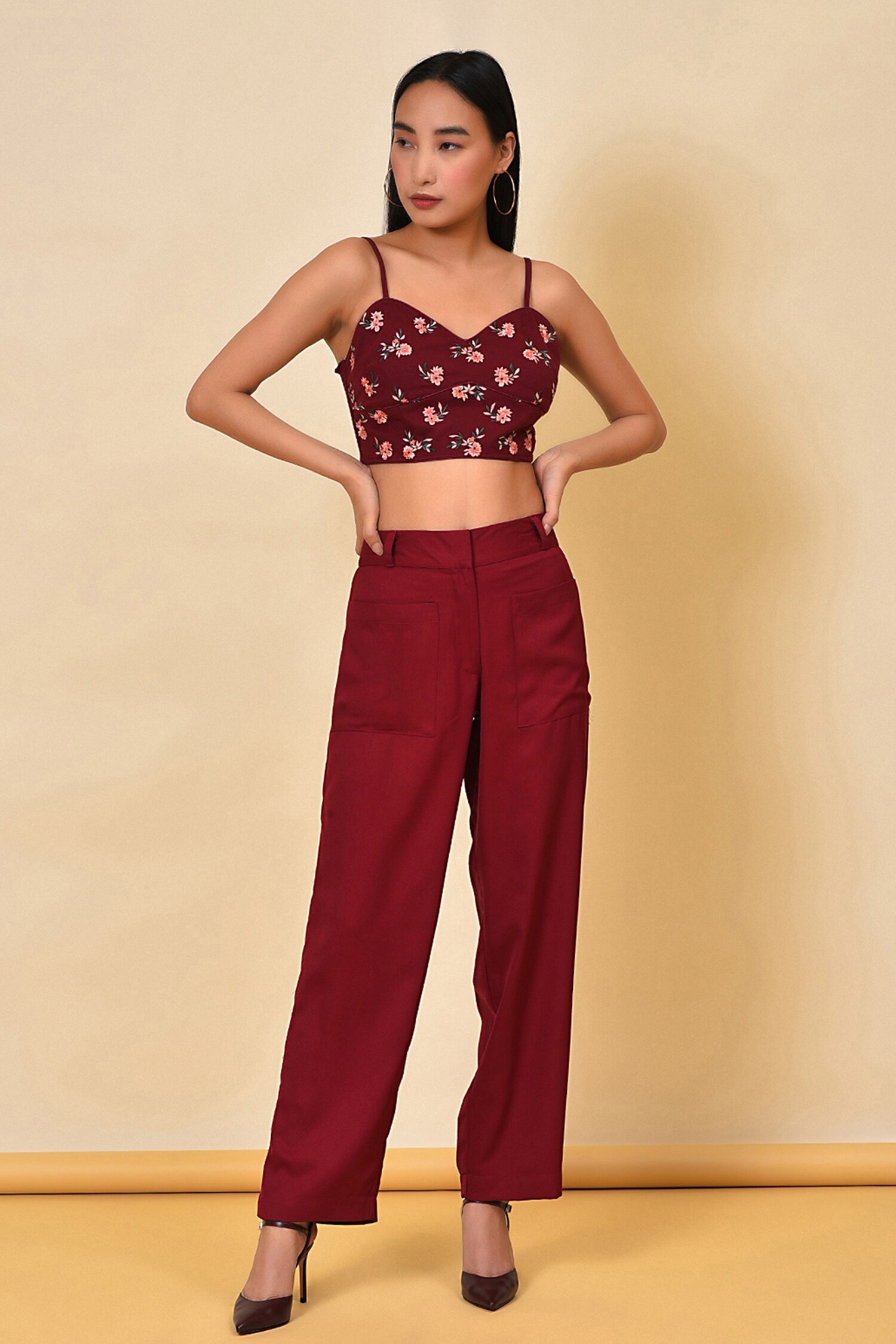 NUHH Maroon Floral Embroidered Crop Top