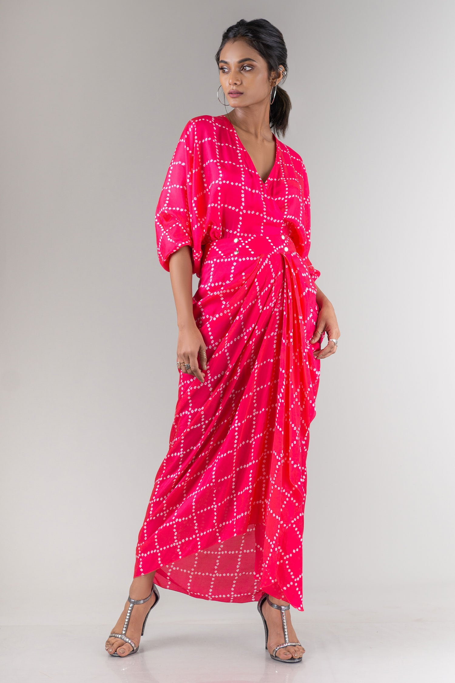 Buy Nupur Kanoi Pink Habutai Silk Bandhani Kimono Wrap Dress Online ...