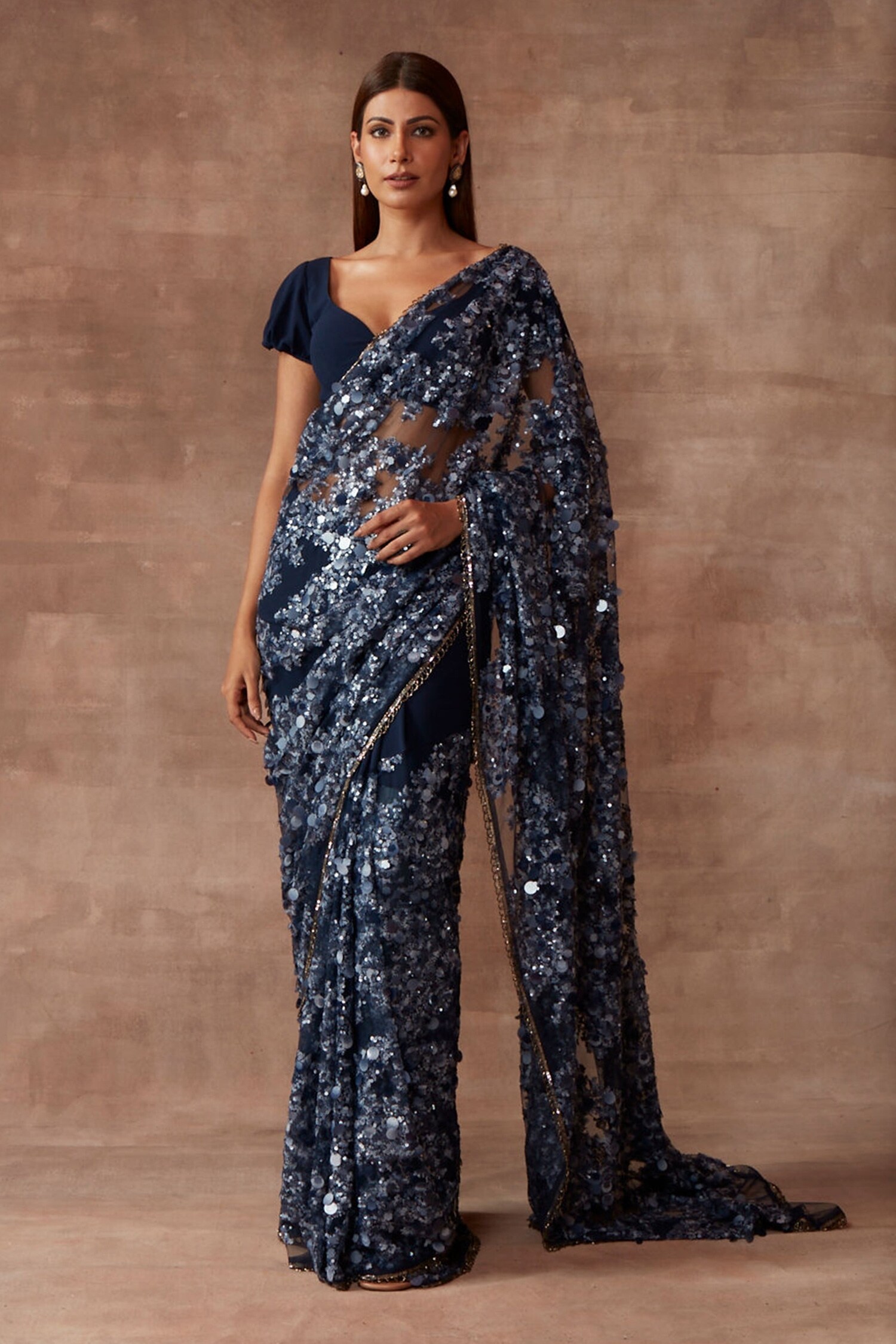 Neeta Lulla Blue Tulle Cosmos Sequin Embellished Saree With Blouse