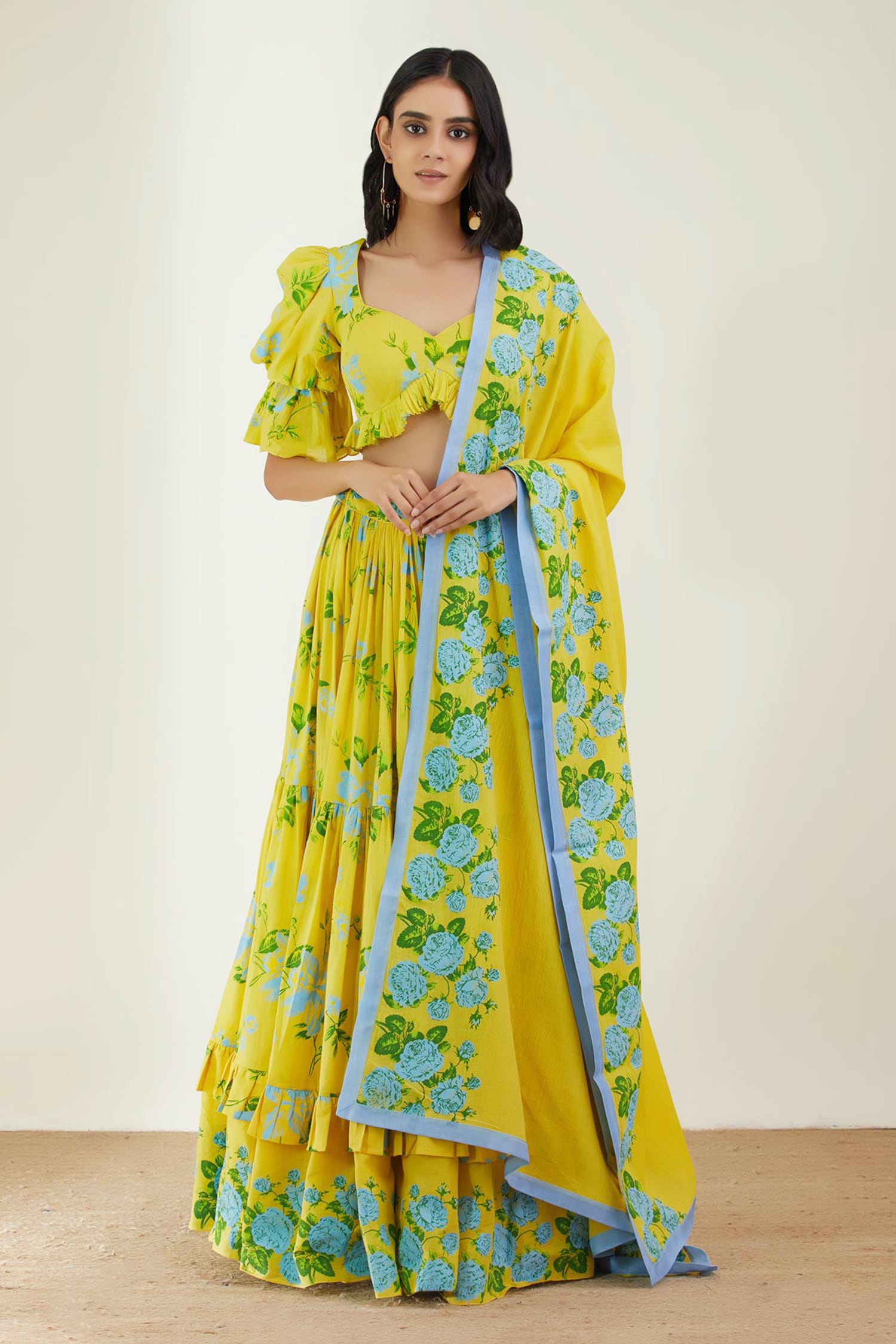 Label Earthen Yellow Cotton Mul Printed Ruffle Lehenga Set
