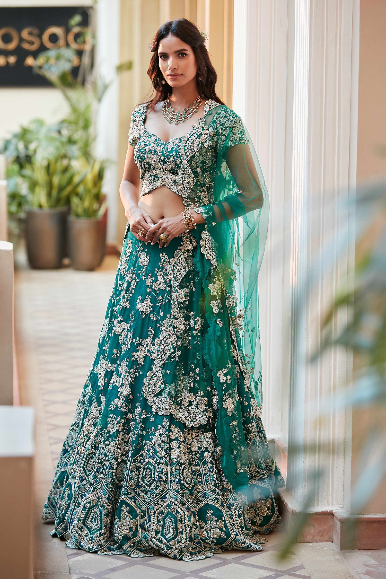 Buy Osaa by Adarsh Green Hand Embroidered Organza Silk Lehenga Set ...