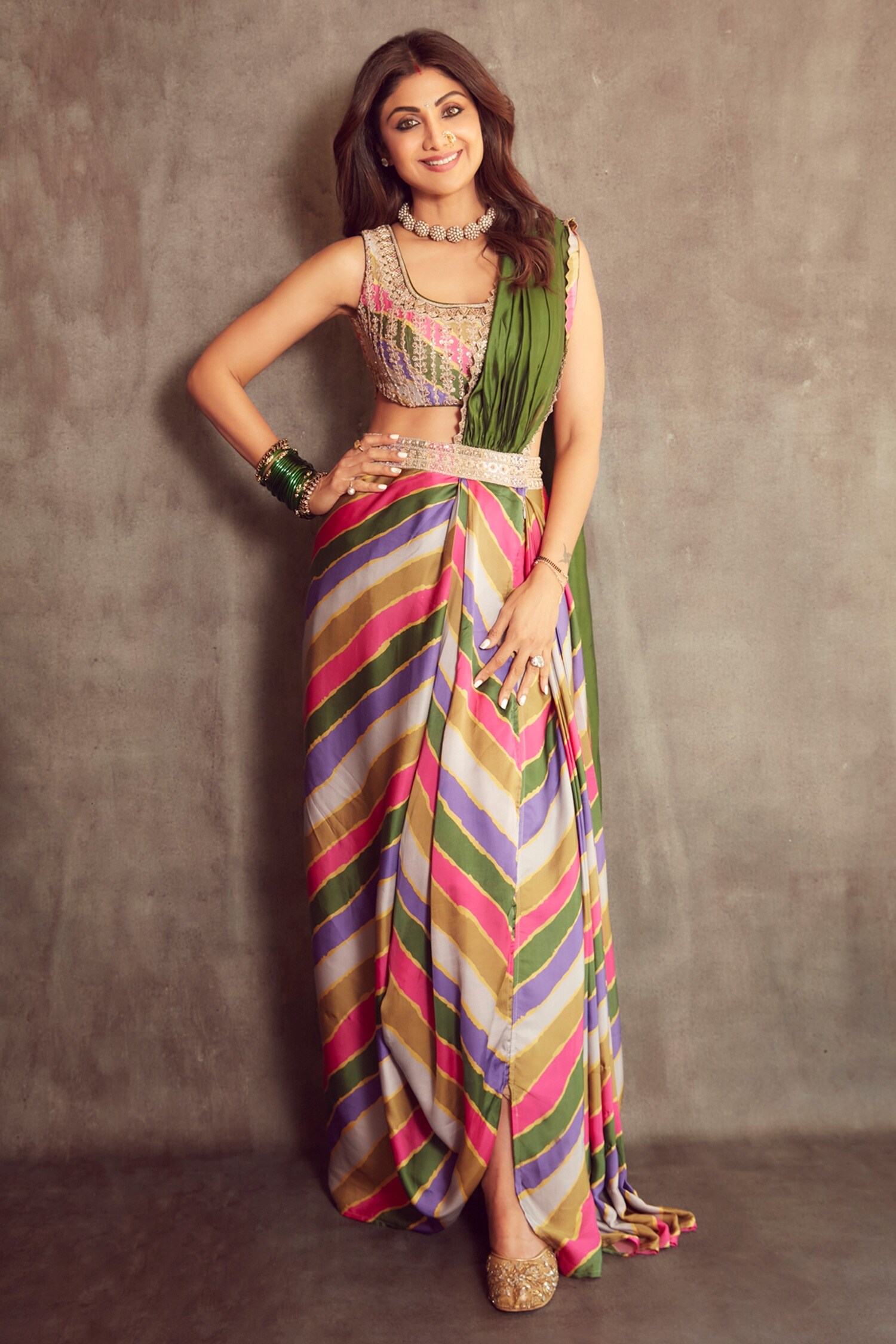 Punit Balana Multi Color Satin Silk Stripe Print Pre-draped Saree Set