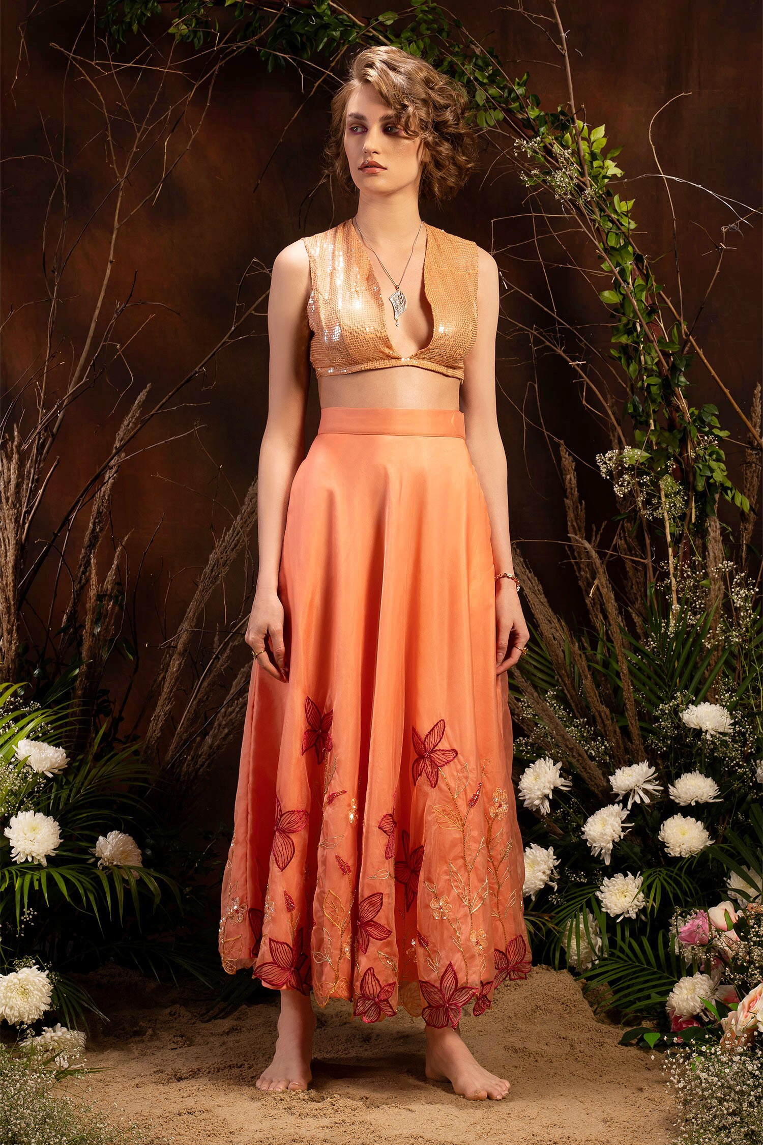Piyanshu Bajaj Peach Organza Embroidered Skirt Set