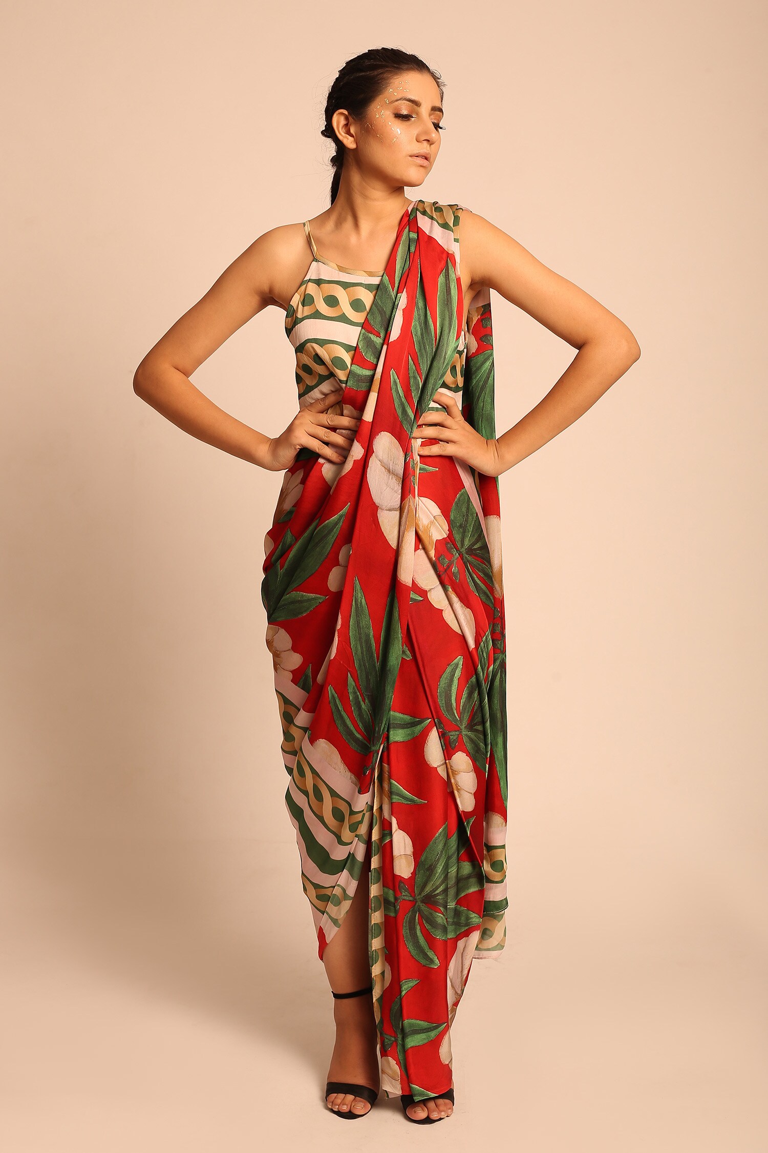 Prints by Radhika Red Satin Georgette Printed Pre-draped Saree Dress