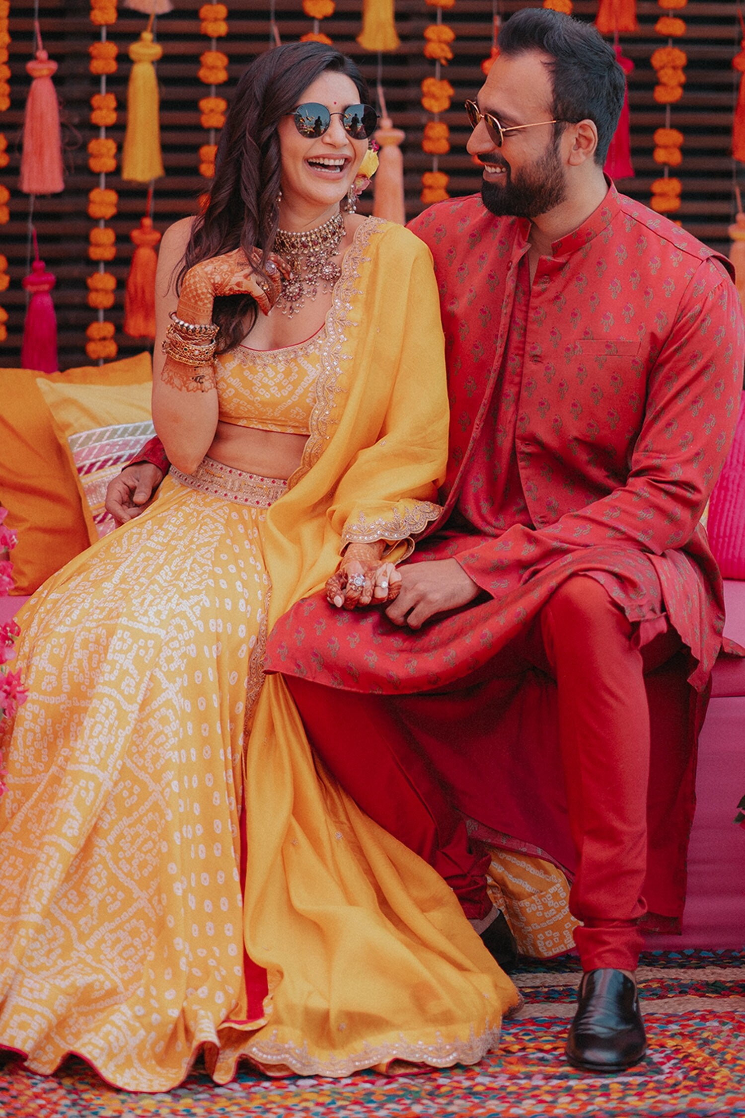 Punit Balana Red Satin Silk Bundi And Kurta Set