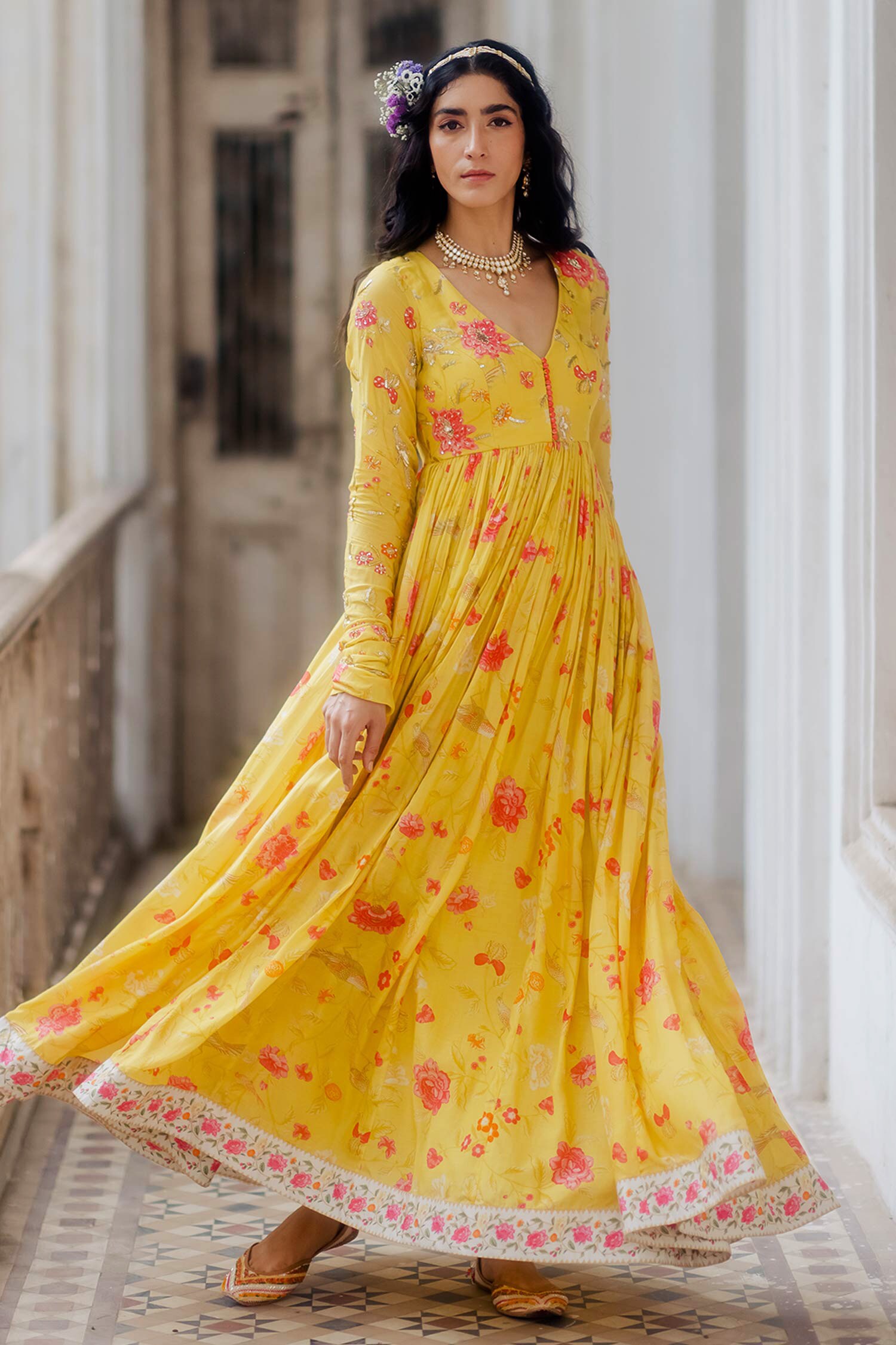 Buy Paulmi and Harsh Yellow Cotton Silk Floral Print Anarkali With ...