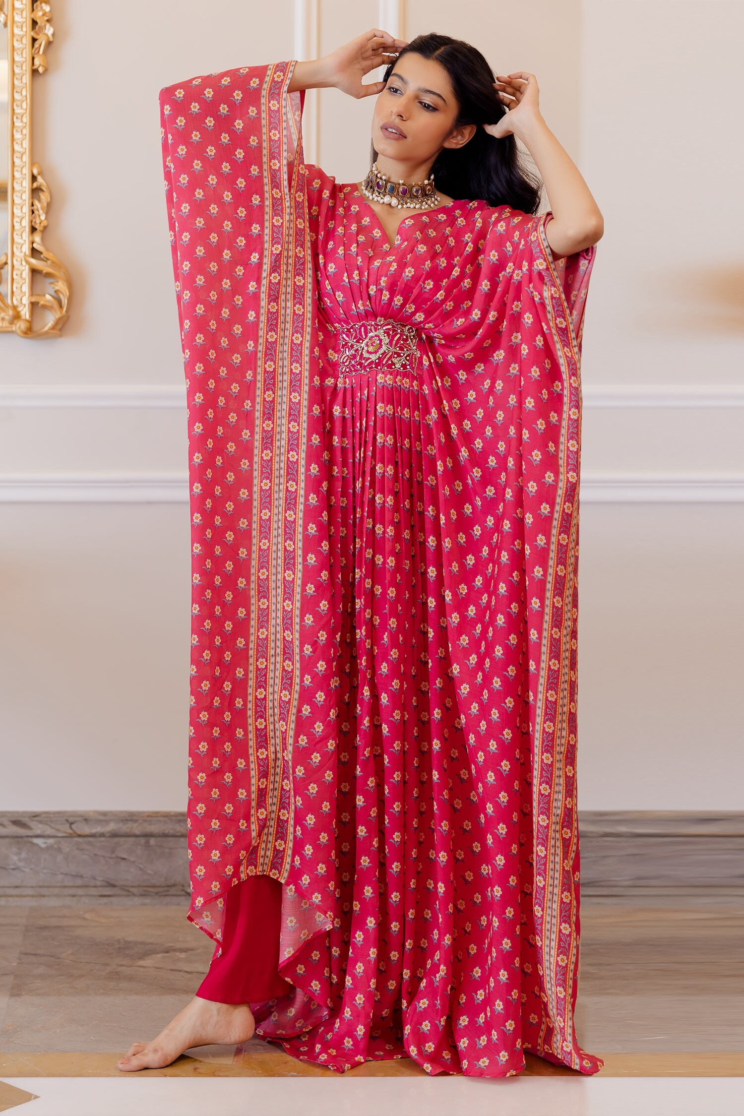 Buy Paulmi and Harsh Pink Floral Print Kaftan Online | Aza Fashions