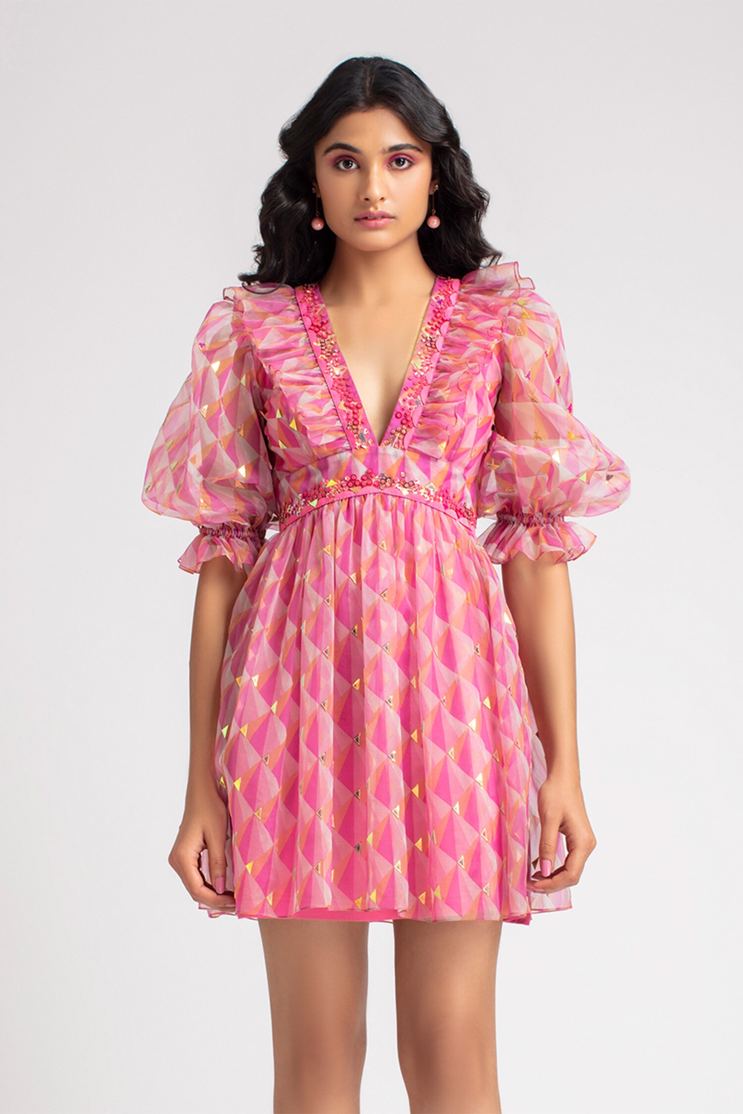 Pankaj & Nidhi Orange Geometric Print Organza Dress