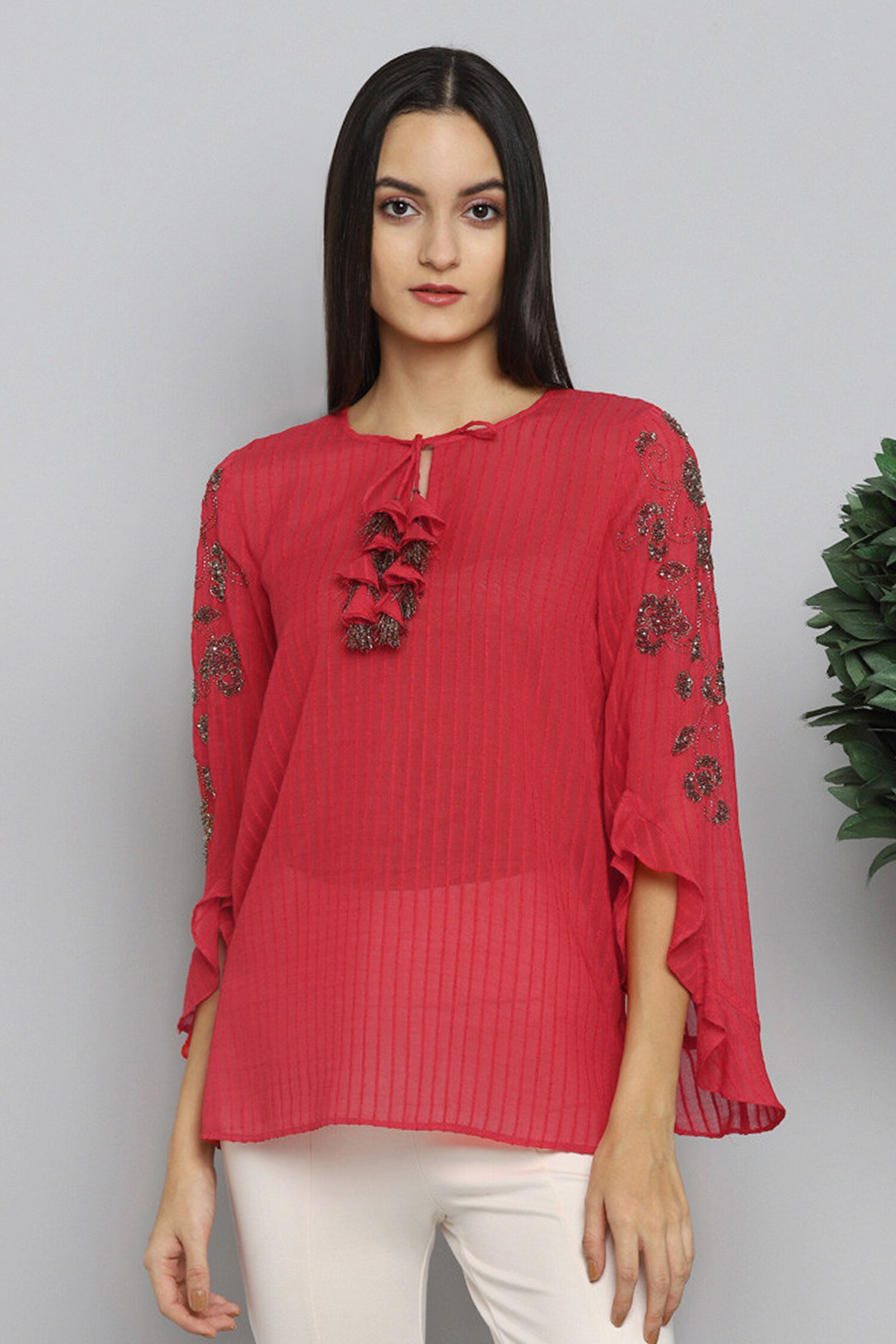Buy Ranna Gill Pink Dobby Ruffled Sleeves Top Online | Aza Fashions