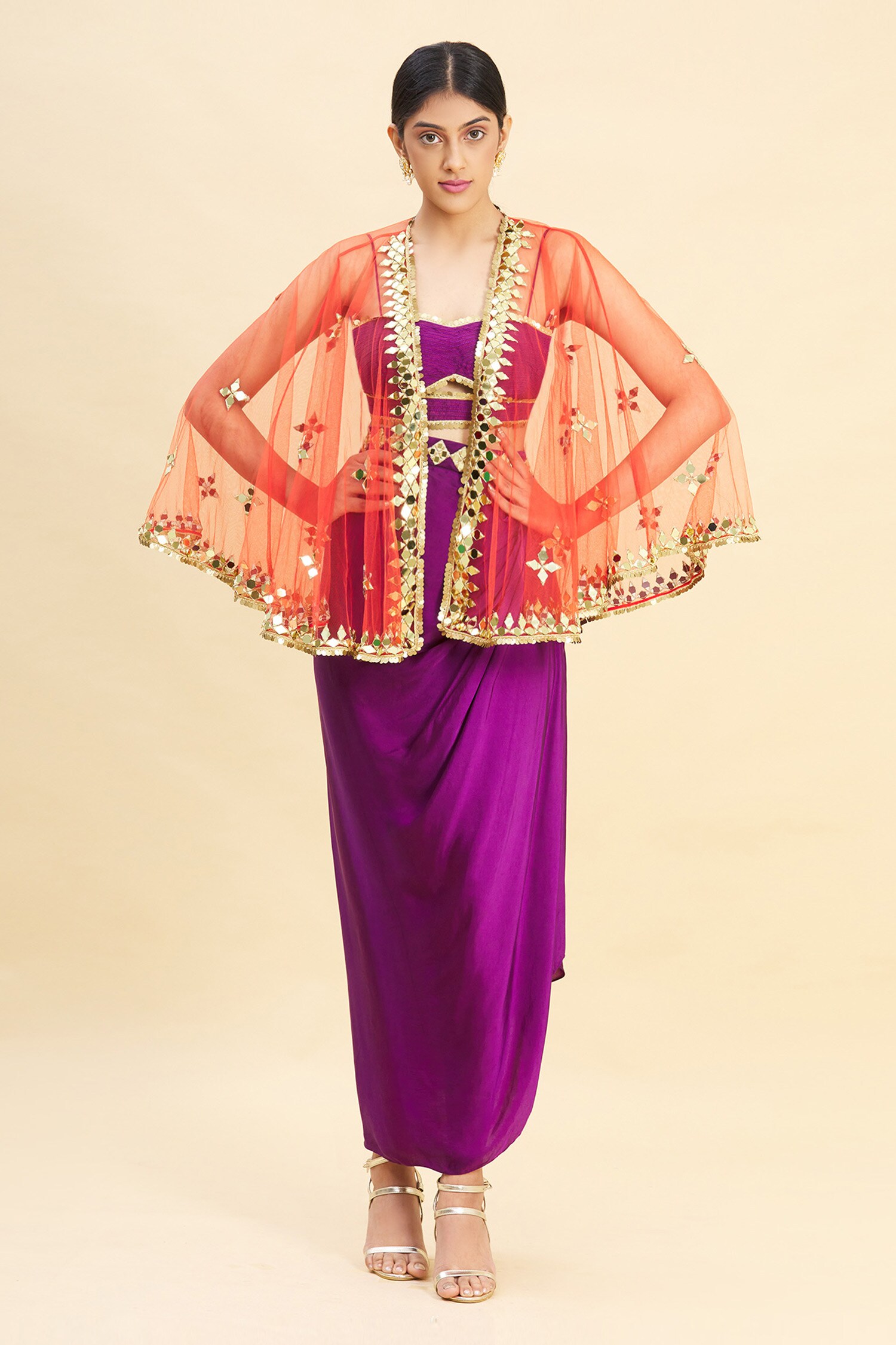 Preeti S Kapoor Purple Satin Embroidered Cape And Draped Skirt Set
