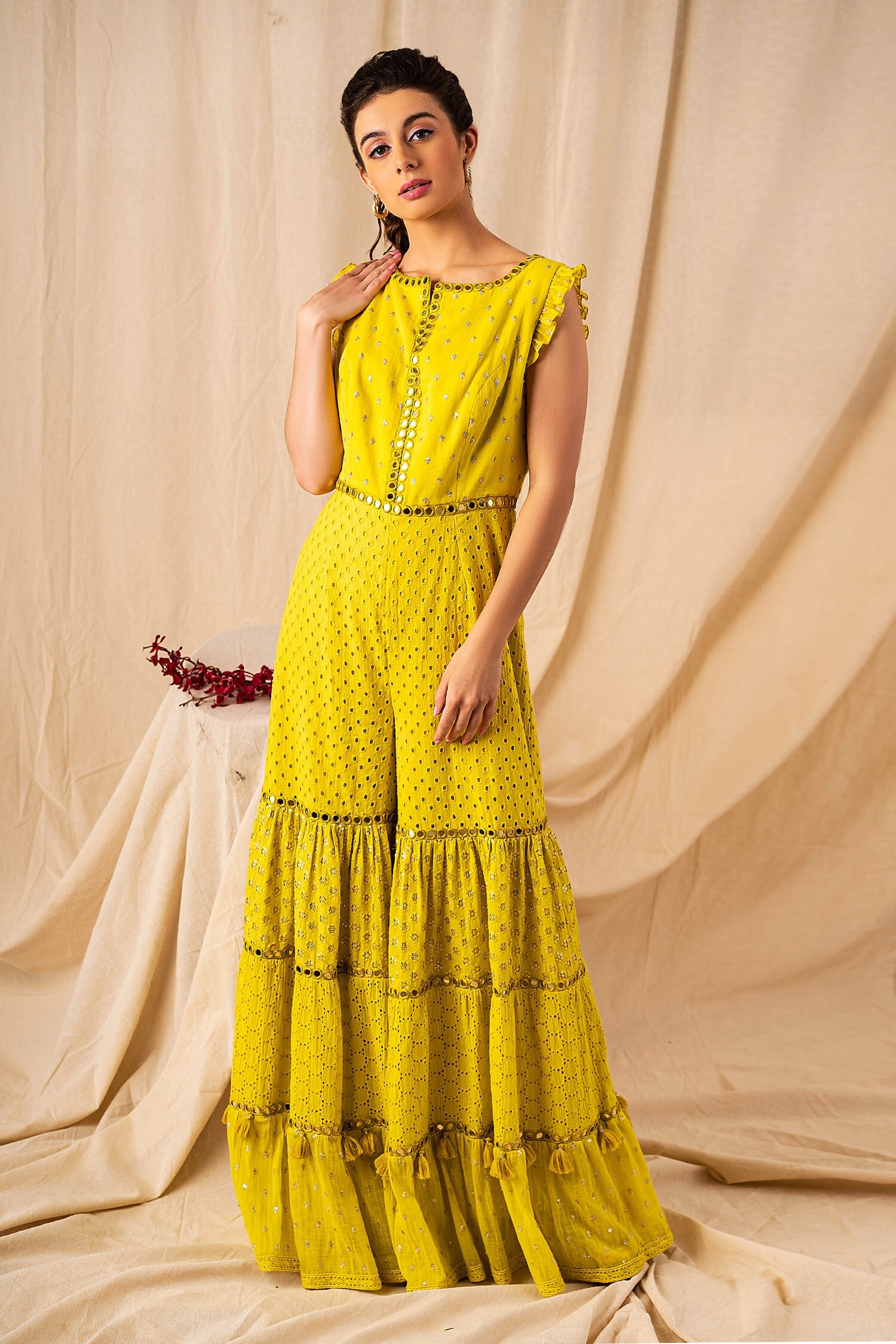 Buy Surily G Yellow Cotton Embroidered Ruffle Sleeve Jumpsuit Online