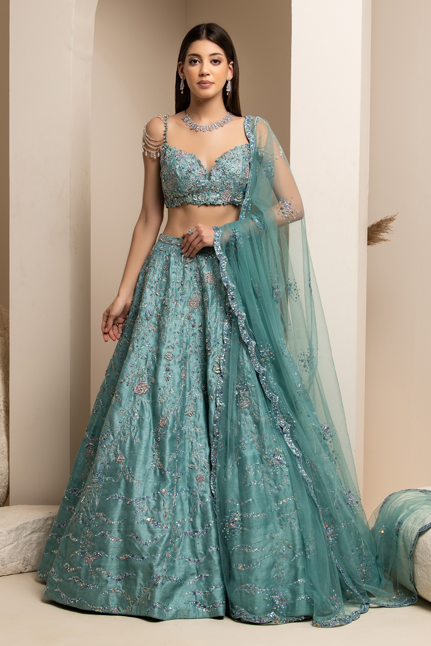 Buy Pooja Peshoria Blue Silk Lehenga Set Online | Aza Fashions
