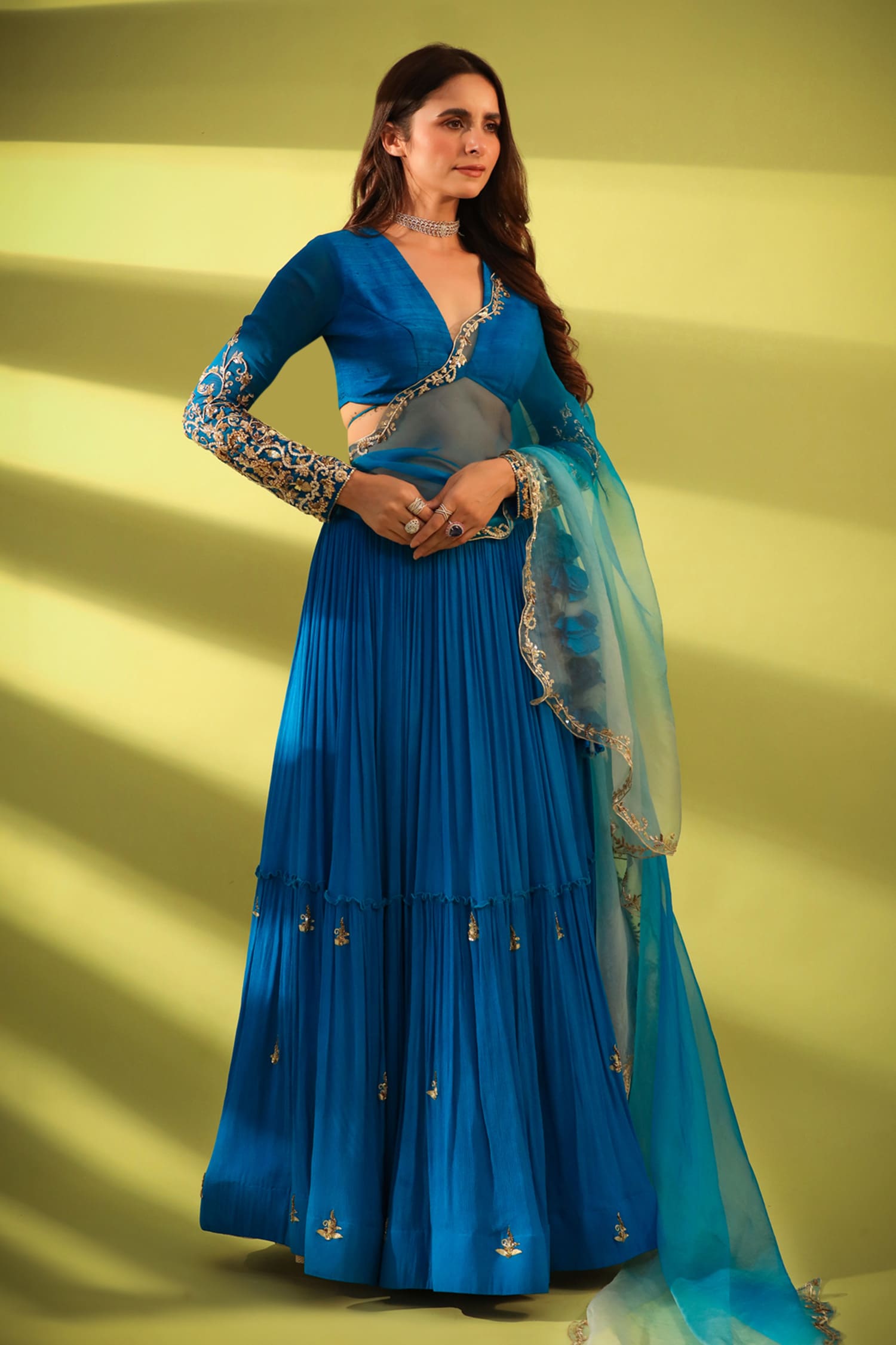 Buy Pallavi Jaipur Blue Embroidered Tiered Lehenga Set Online | Aza ...
