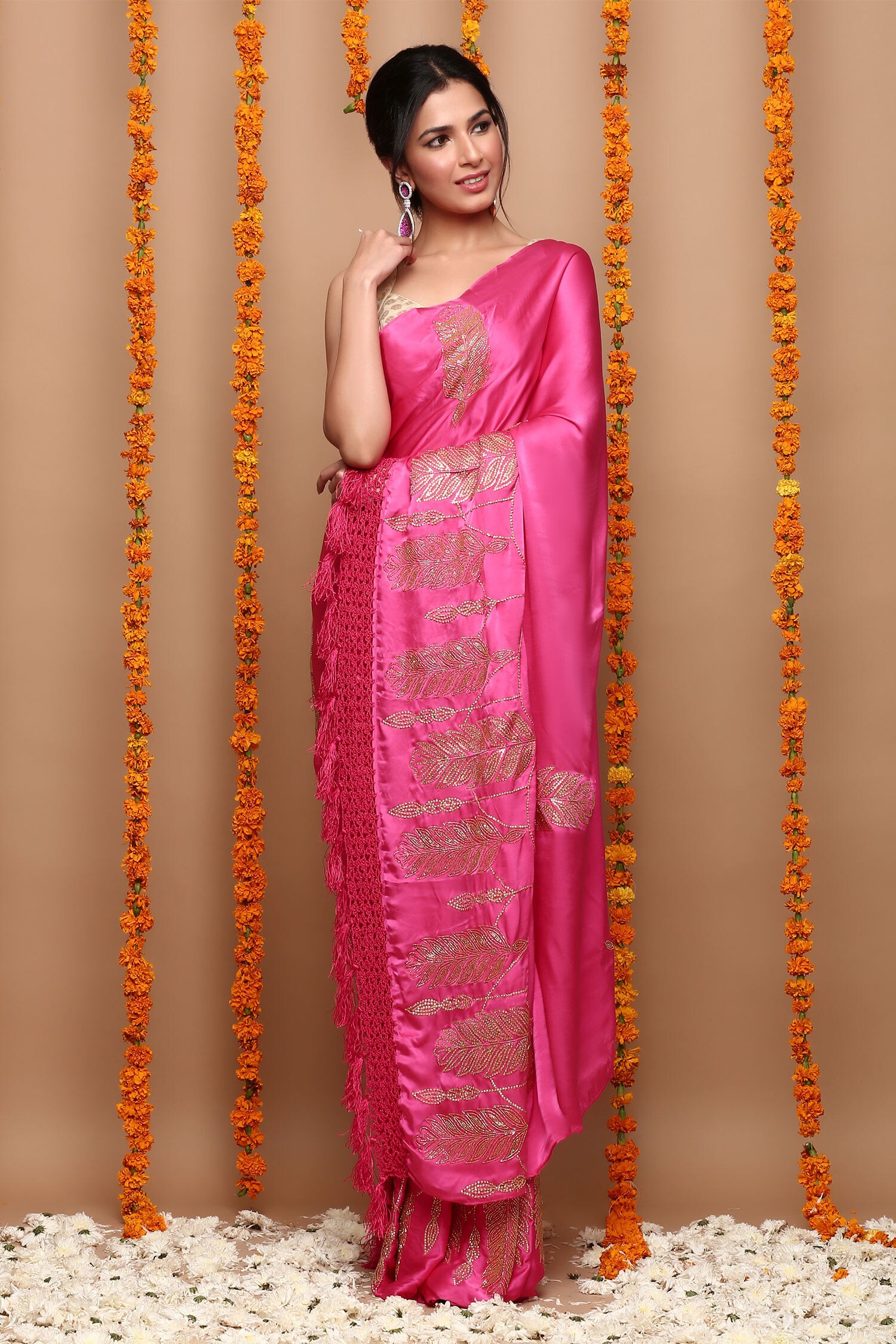 Ruar India Pink Satin Swarovski Embellished Saree With Blouse