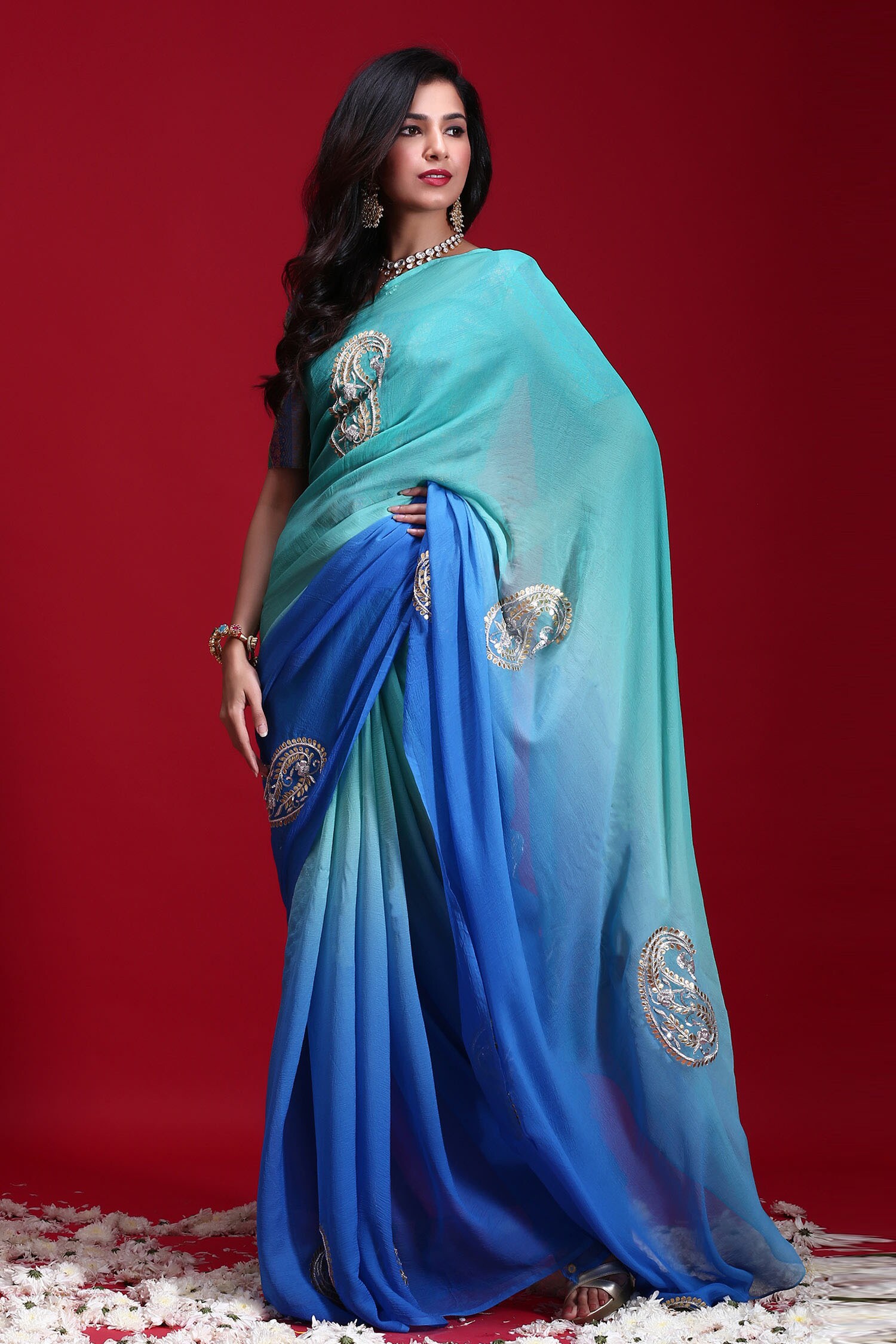 Ruar India Blue Chiffon Sequin Embroidered Saree