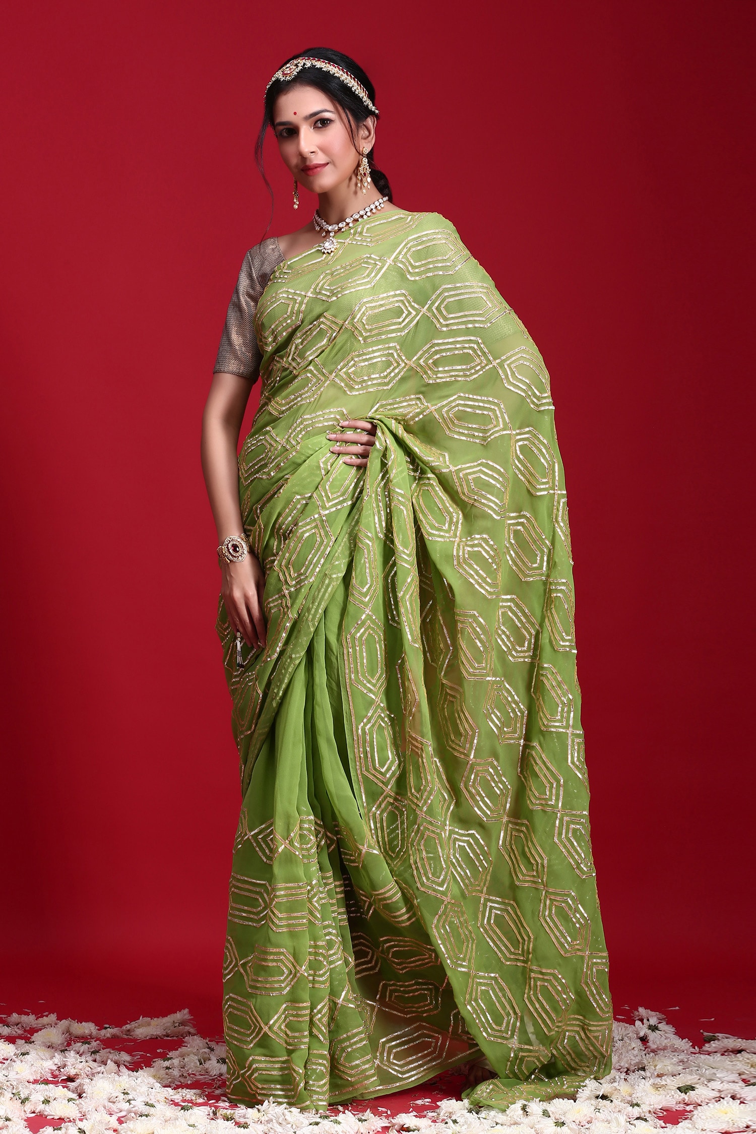 Ruar India Green Chiffon Gota Embroidered Saree With Blouse