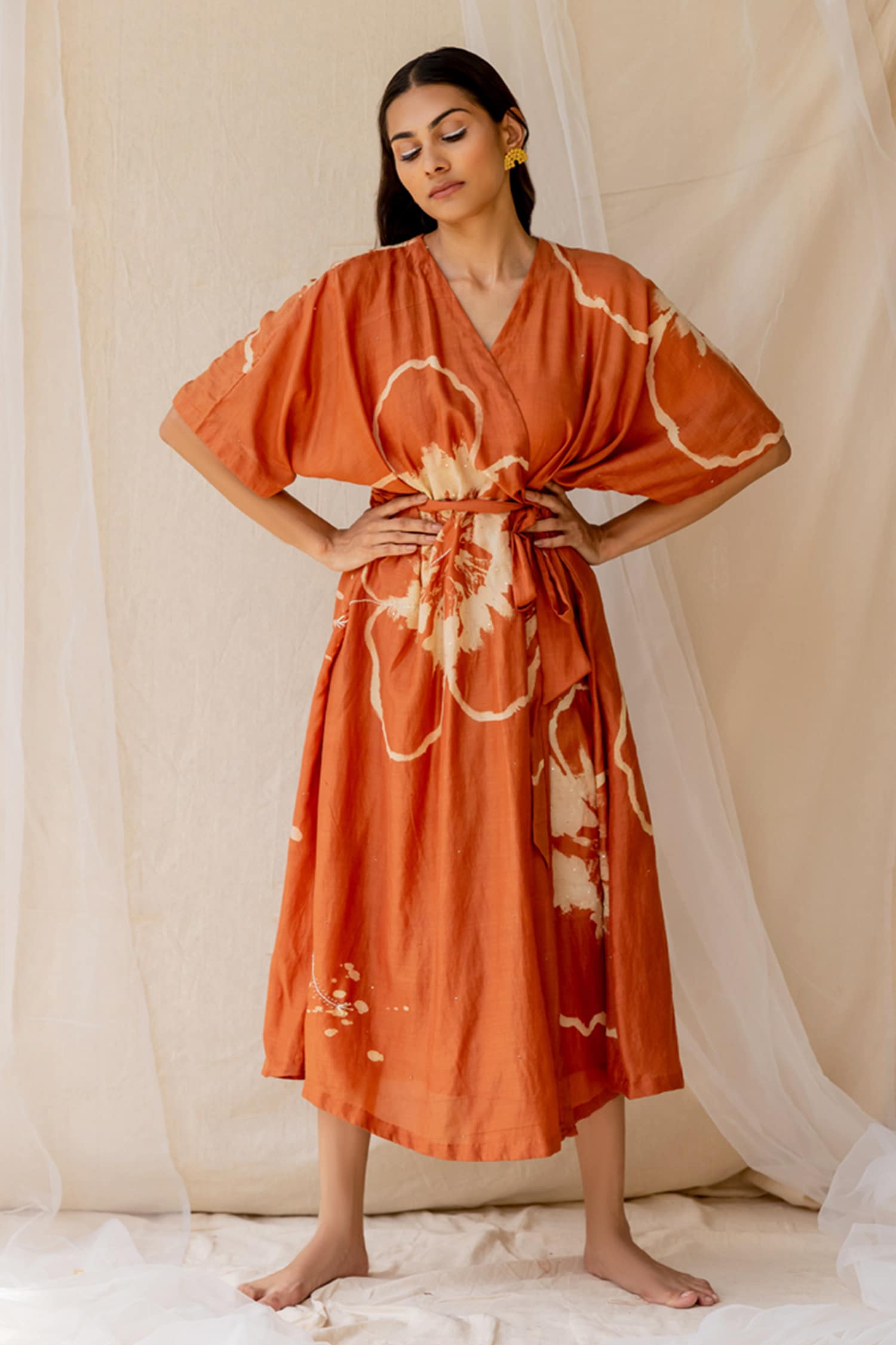 Nirjara Orange Cotton Silk Hand Painted Wrap Dress