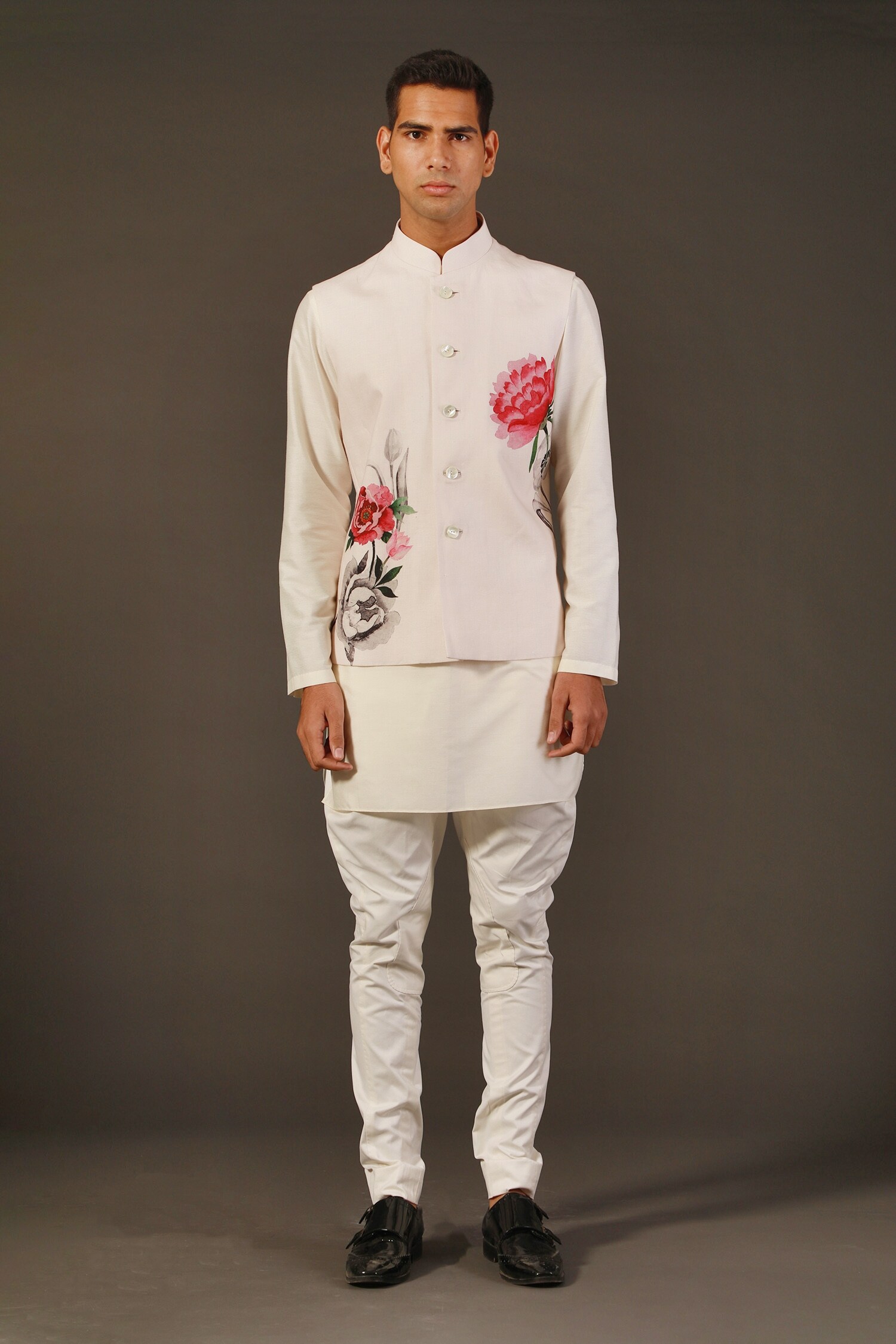 Rohit Bal White Linen Floral Print Bundi