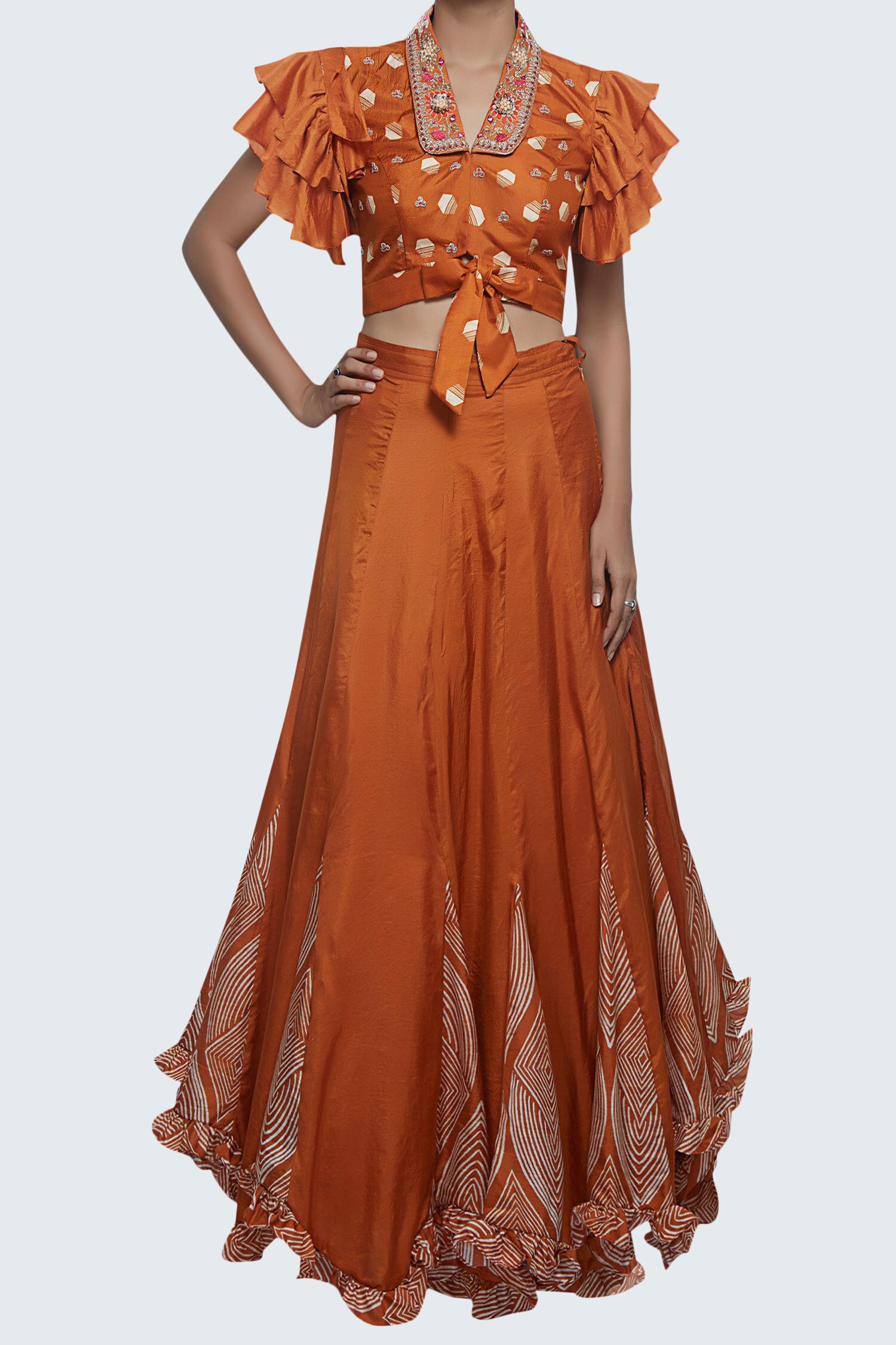 Riraan Couture Orange Printed Silk Lehenga Set