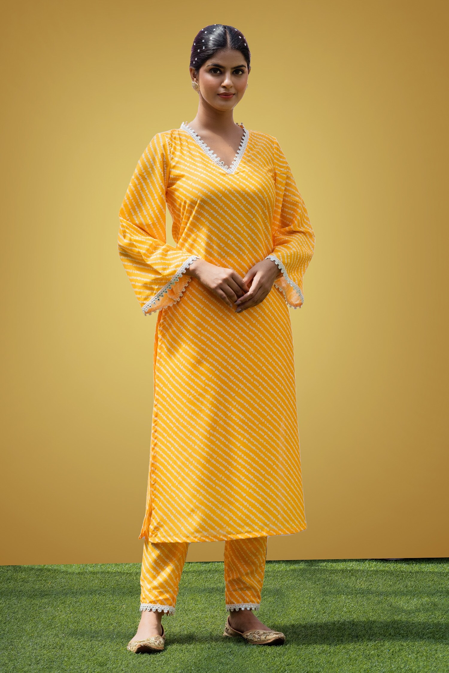 Rivaaj Clothing Yellow Woven Muslin Bandhani Print Kurta And Pant Set