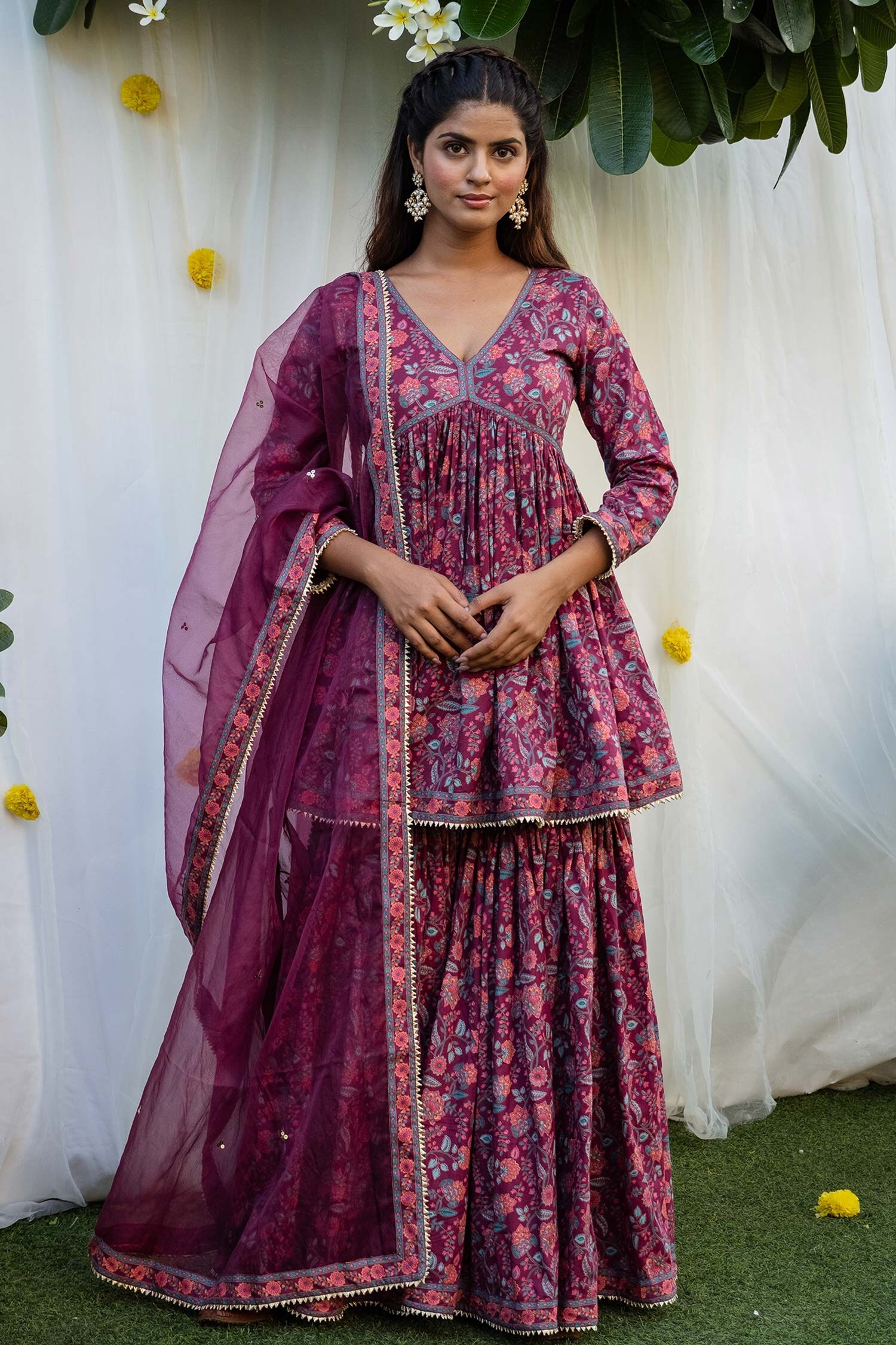 Buy Rivaaj Clothing Purple Cotton Floral Print Kurta Gharara Set Online ...