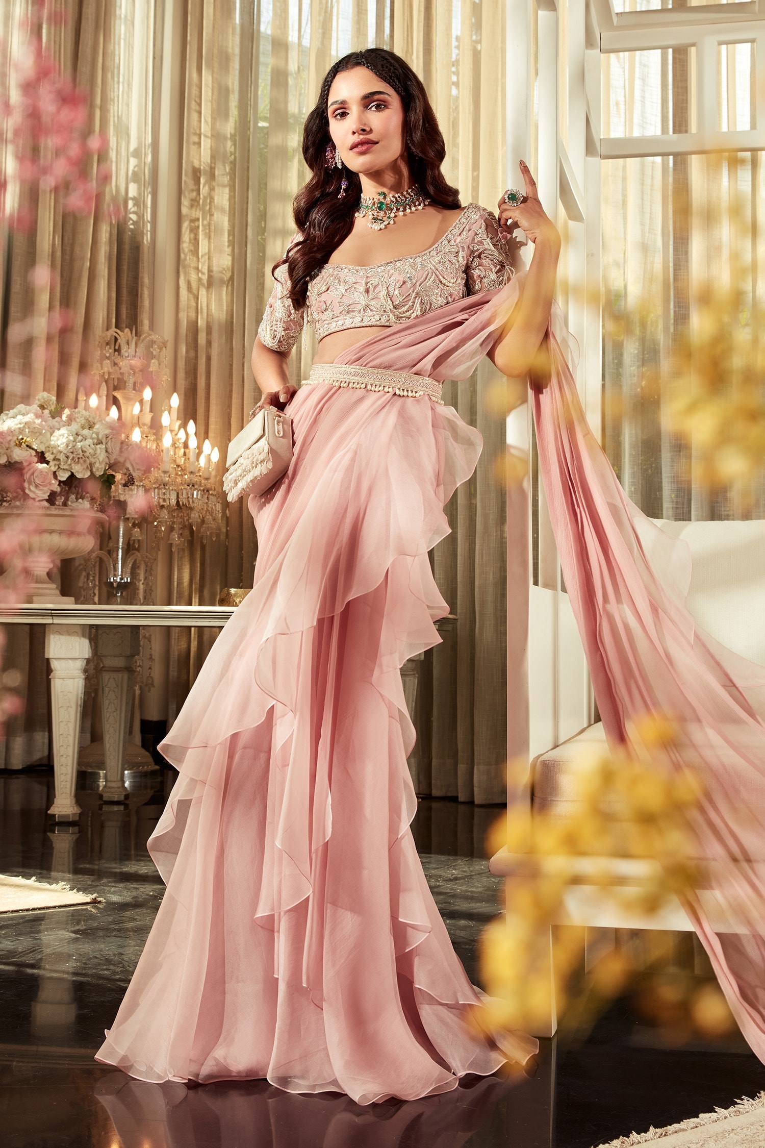Ridhi Mehra Pink Lone Pre-draped Ruffle Saree With Blouse