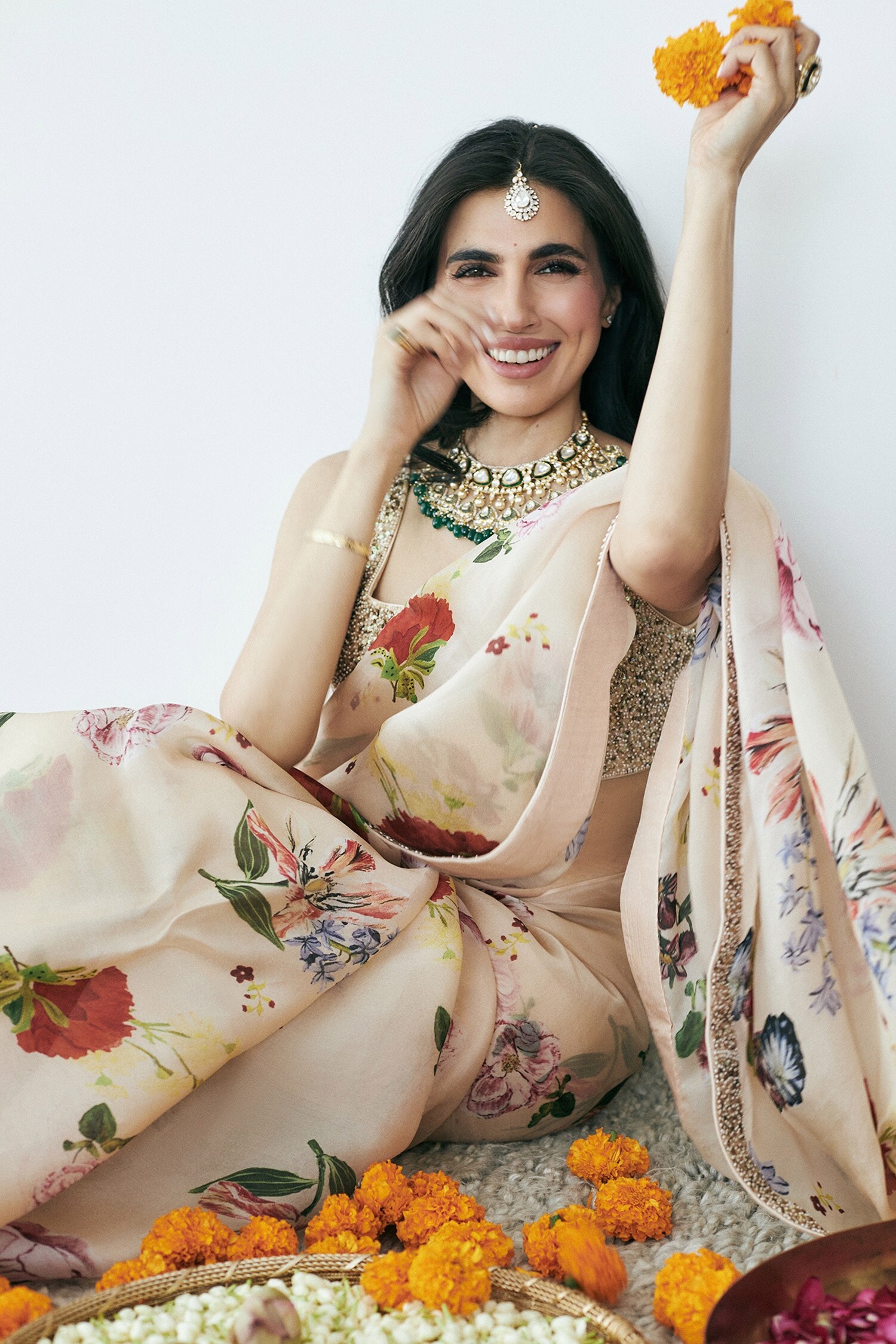 Buy Prints by Radhika Beige Organza Floral Print Saree Online Aza Fashions