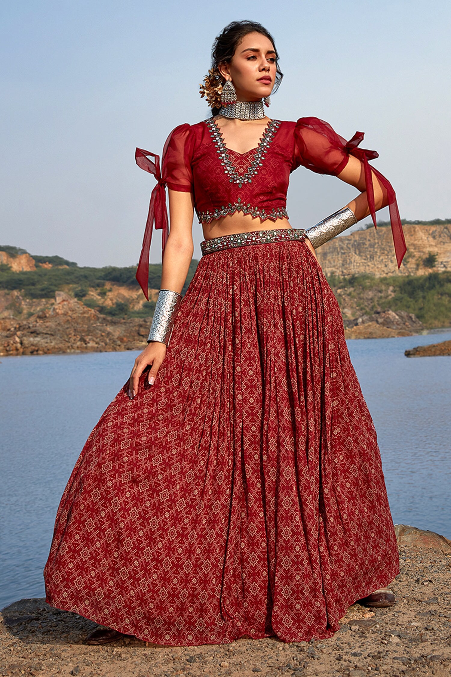 Awigna Red Georgette Printed Lehenga And Organza Blouse Set