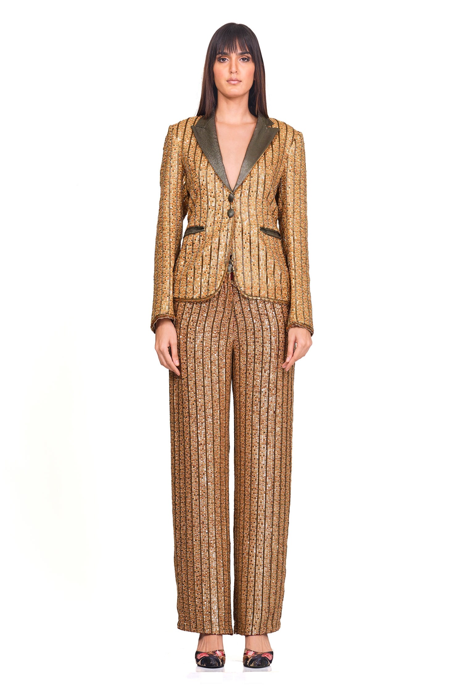 Rocky Star Gold Satin Sequin Embroidered Blazer And Pant Set