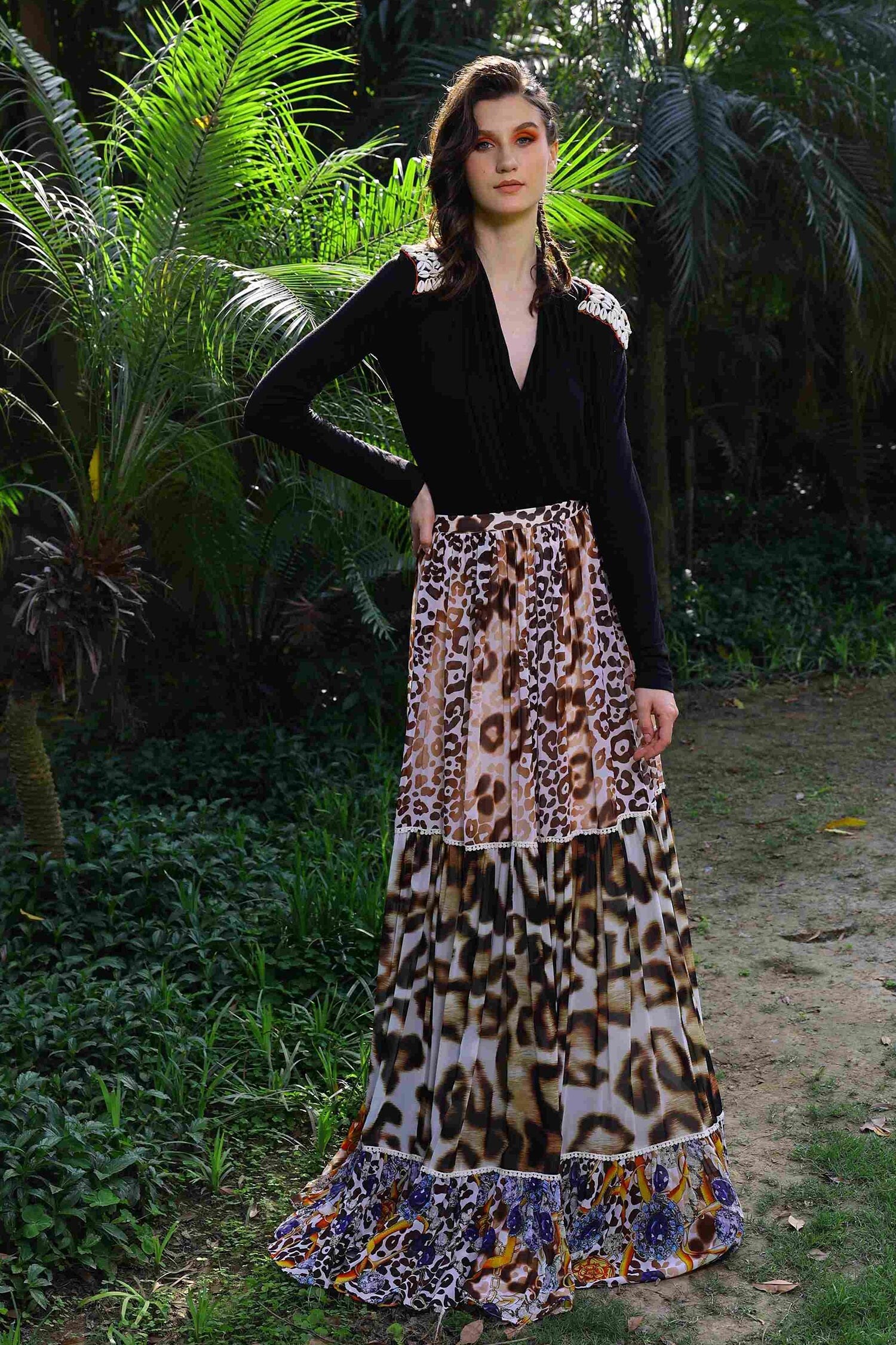Reynu Taandon Multi Color Georgette Animal Print Skirt