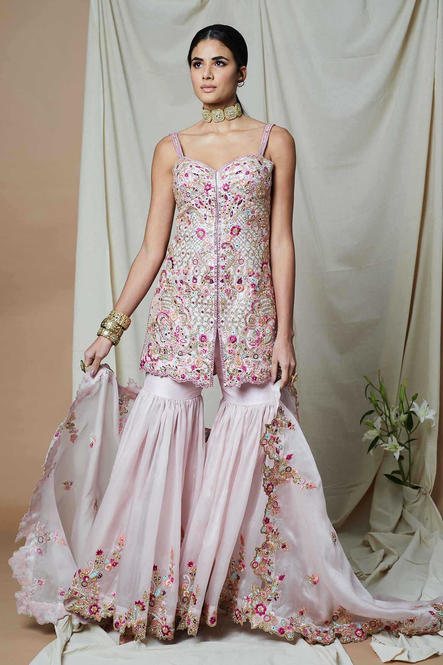 Tamanna Punjabi Kapoor Pink Raw Silk Embroidered Kurta Gharara Set