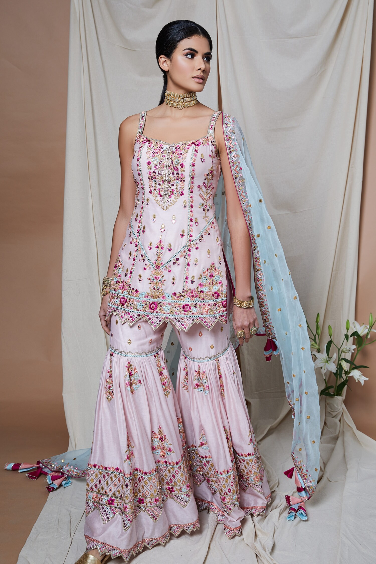 Tamanna Punjabi Kapoor Pink Chanderi Embroidered Kurta Gharara Set