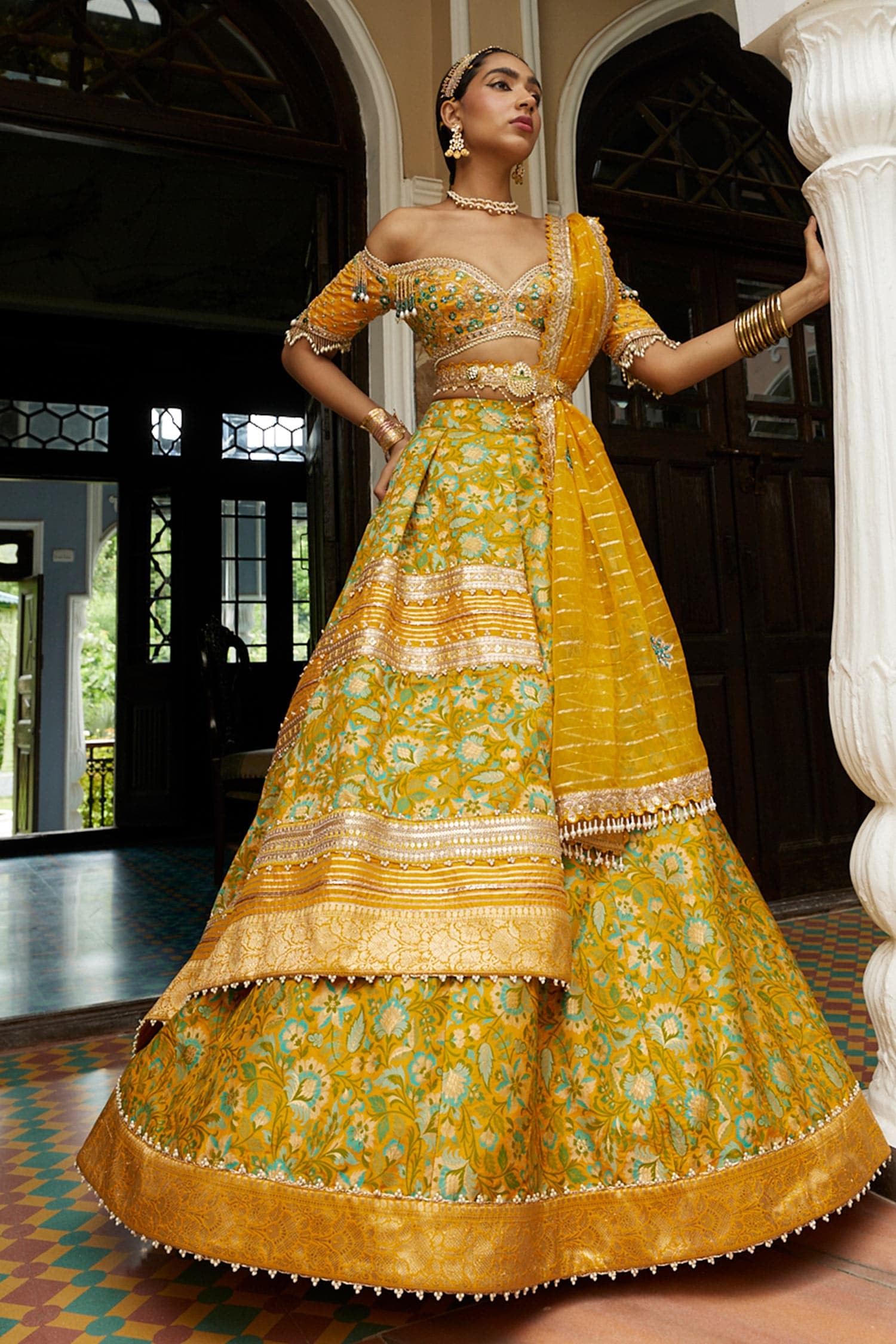 Buy Aditi Gupta Yellow Silk Floral Print Panelled Lehenga Set Online