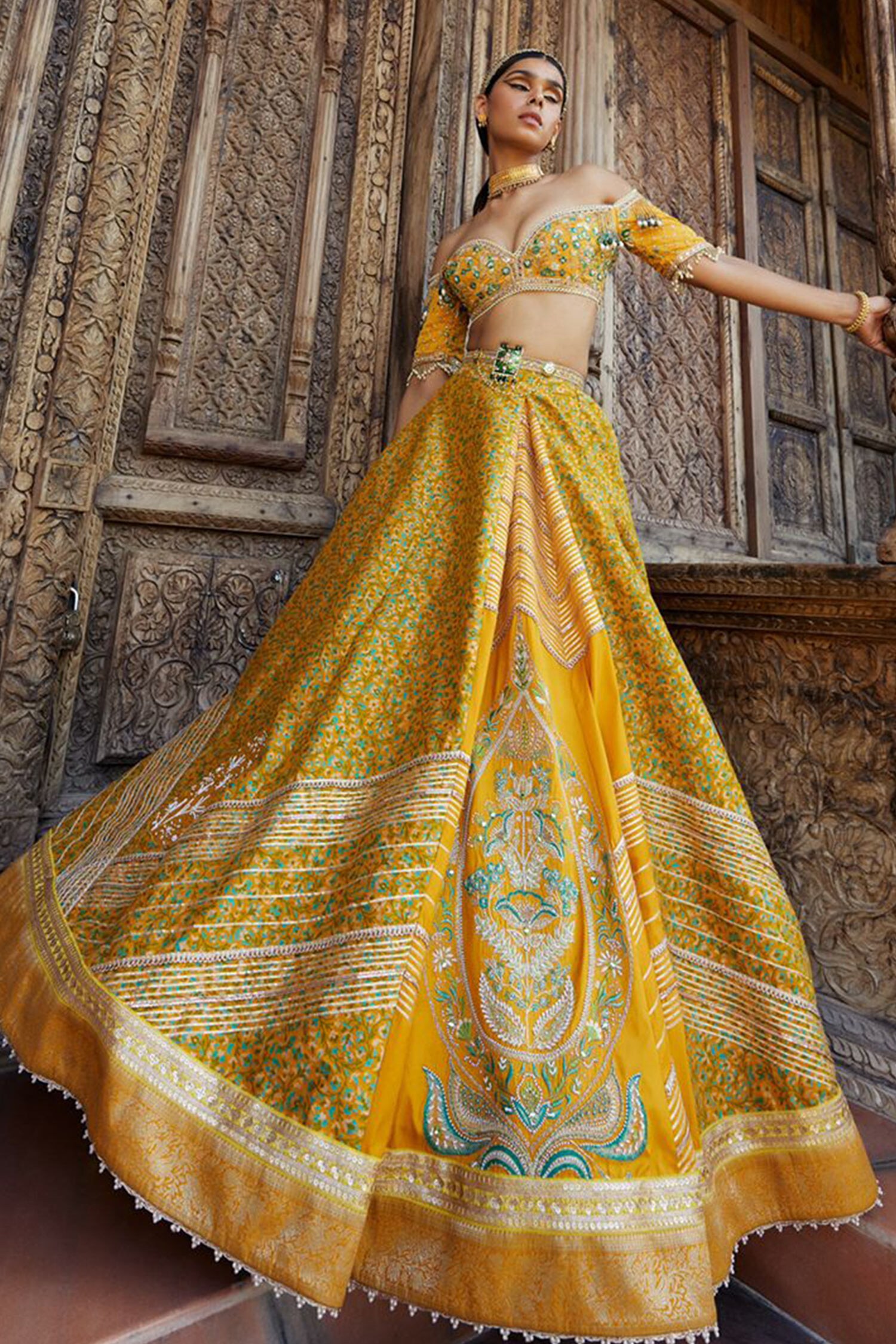 Buy Aditi Gupta Yellow Floral Print Jamawar Lehenga And Blouse Set