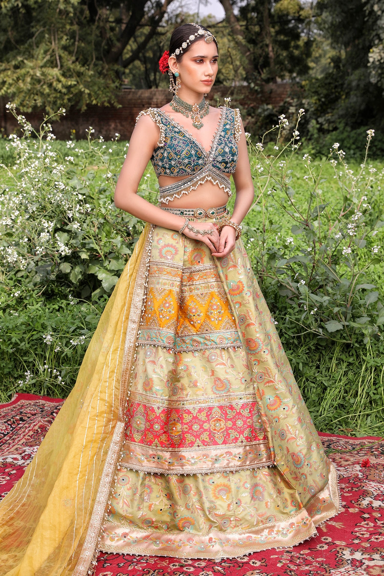 Buy Aditi Gupta Green Banarasi Silk Layered Lehenga Set Online Aza