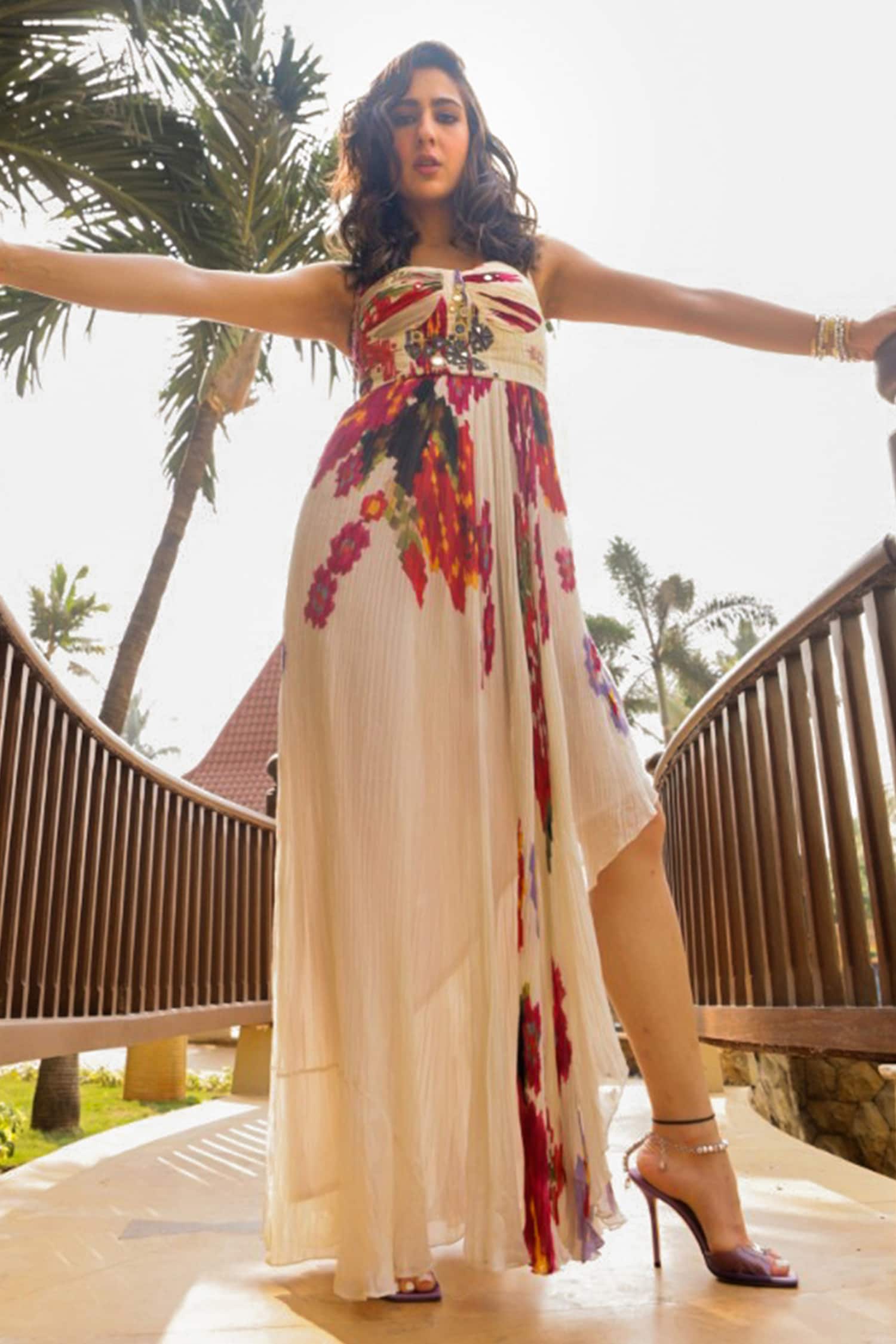 Saaksha & Kinni Ivory Chiffon Floral Print Pleated Asymmetric Dress