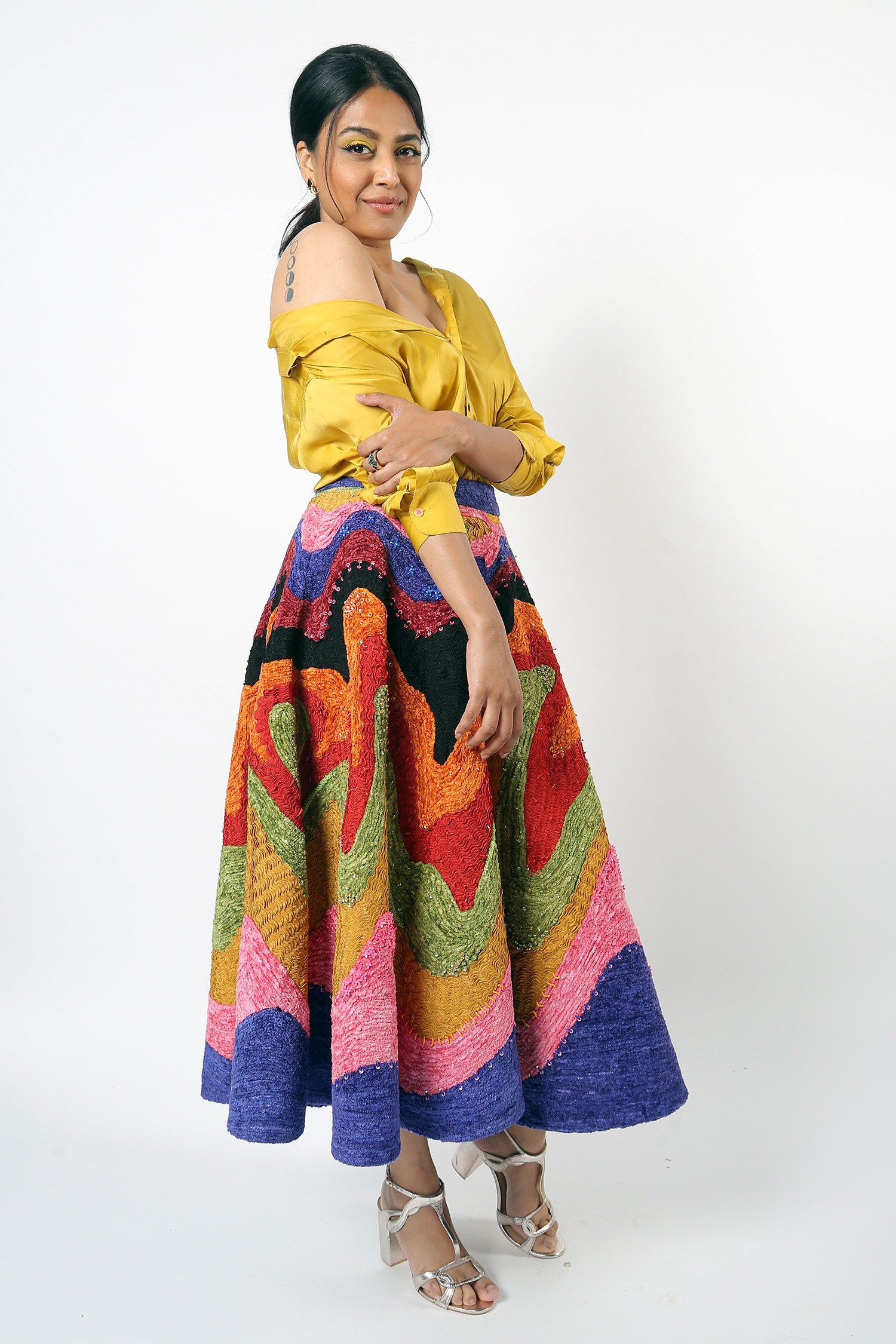 Siddhartha Bansal Multi Color Ming Crepe Colorblock Embroidered Skirt