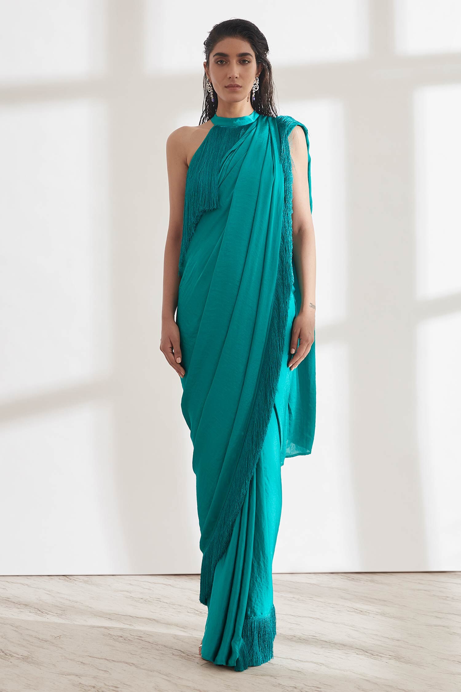 Buy 431-88 by Shweta Kapur Green Satin Pre-draped Saree With Blouse ...