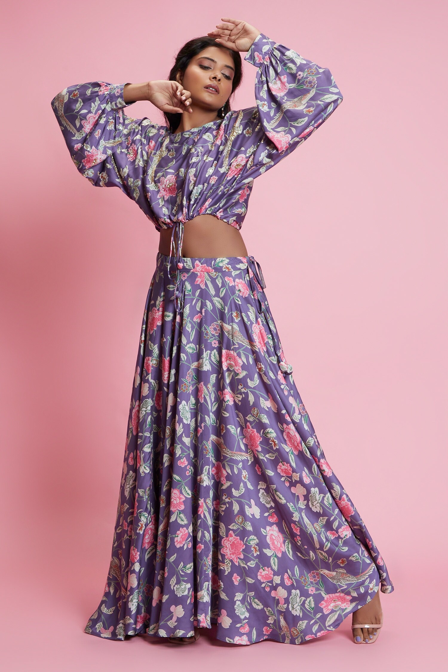 Buy Avaha Purple Muslin Silk Blend Floral Print Crop Top And Skirt Set