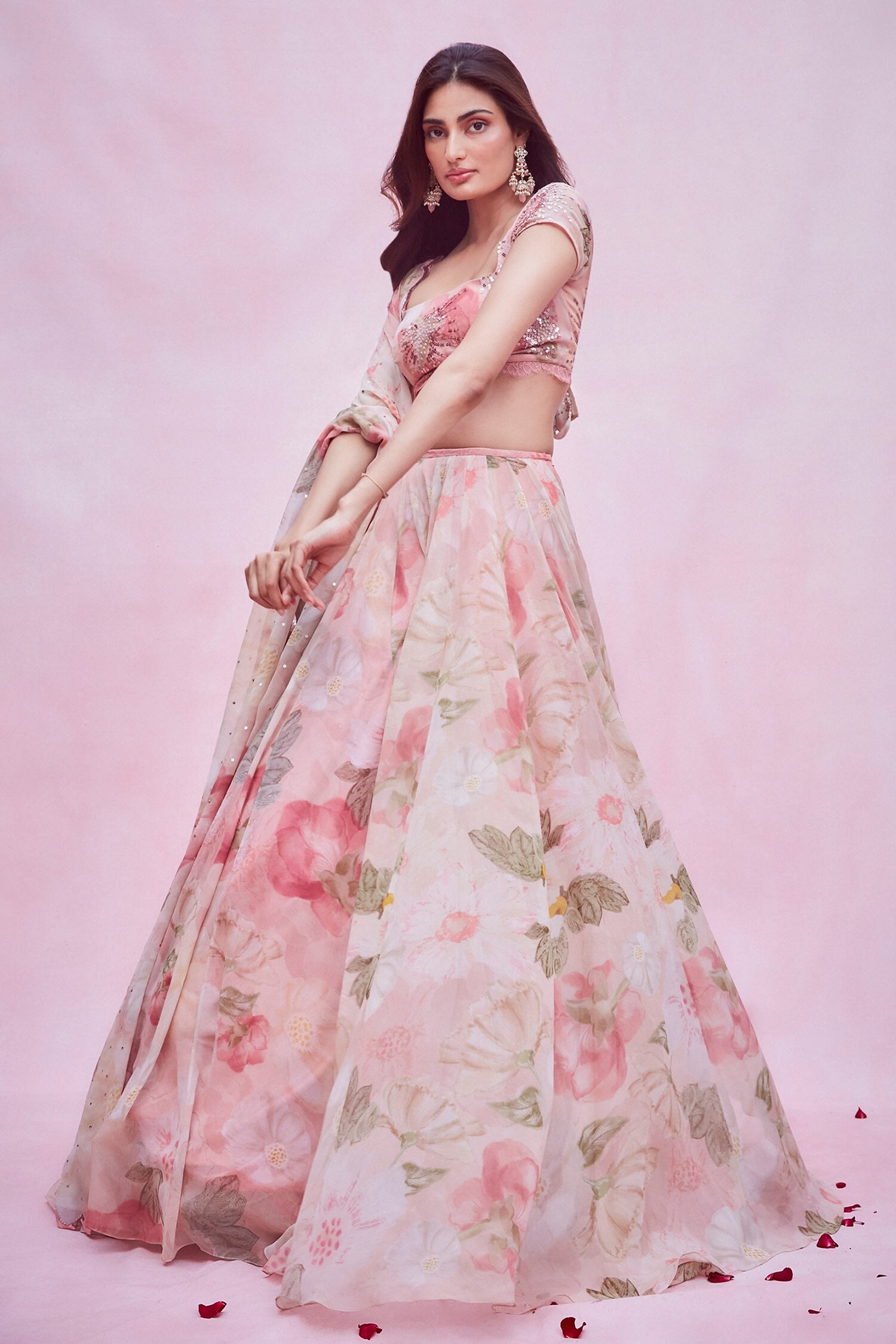 Shehlaa Khan Pink Georgette Printed Lehenga Set